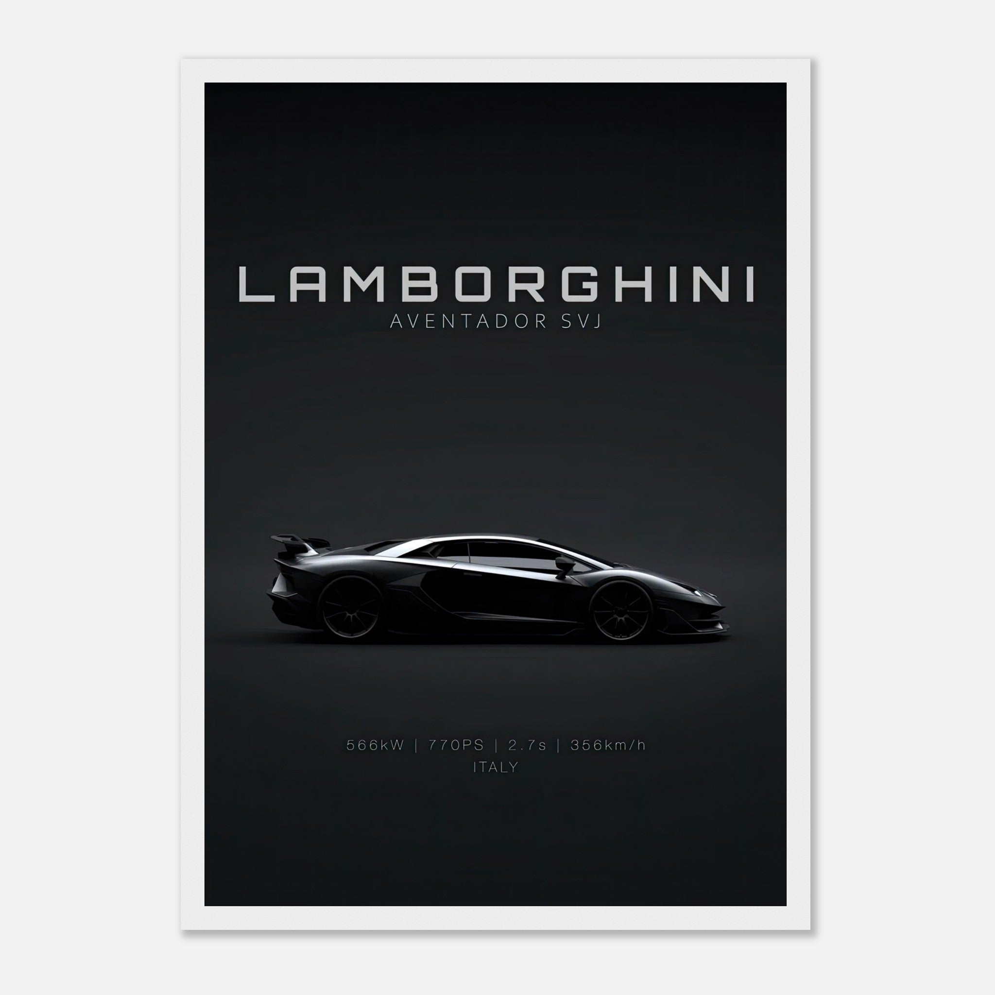 Lamborghini Aventador SVJ framed poster showcasing its sleek silhouette and design on a dark background.