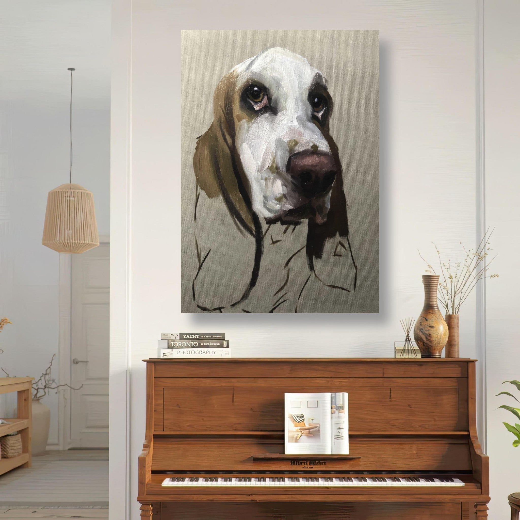 Basset Hound dog painting metal print on wall above wooden piano in a bright living room setting.