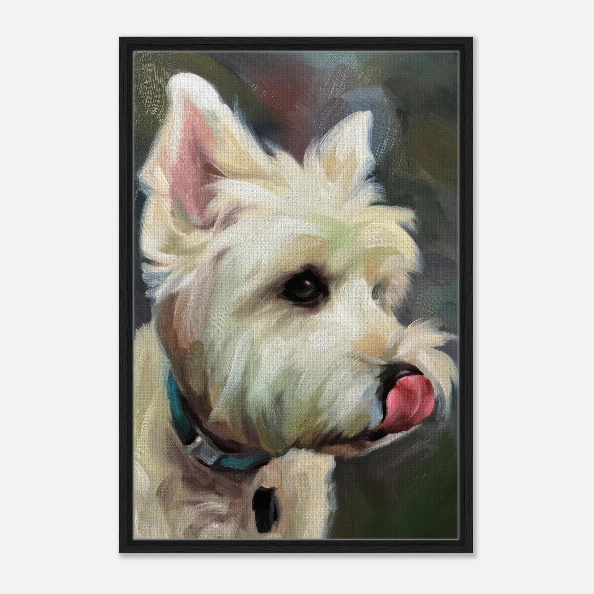 Westie dog painting framed canvas print showcasing playful expression and fluffy coat in vibrant colors.