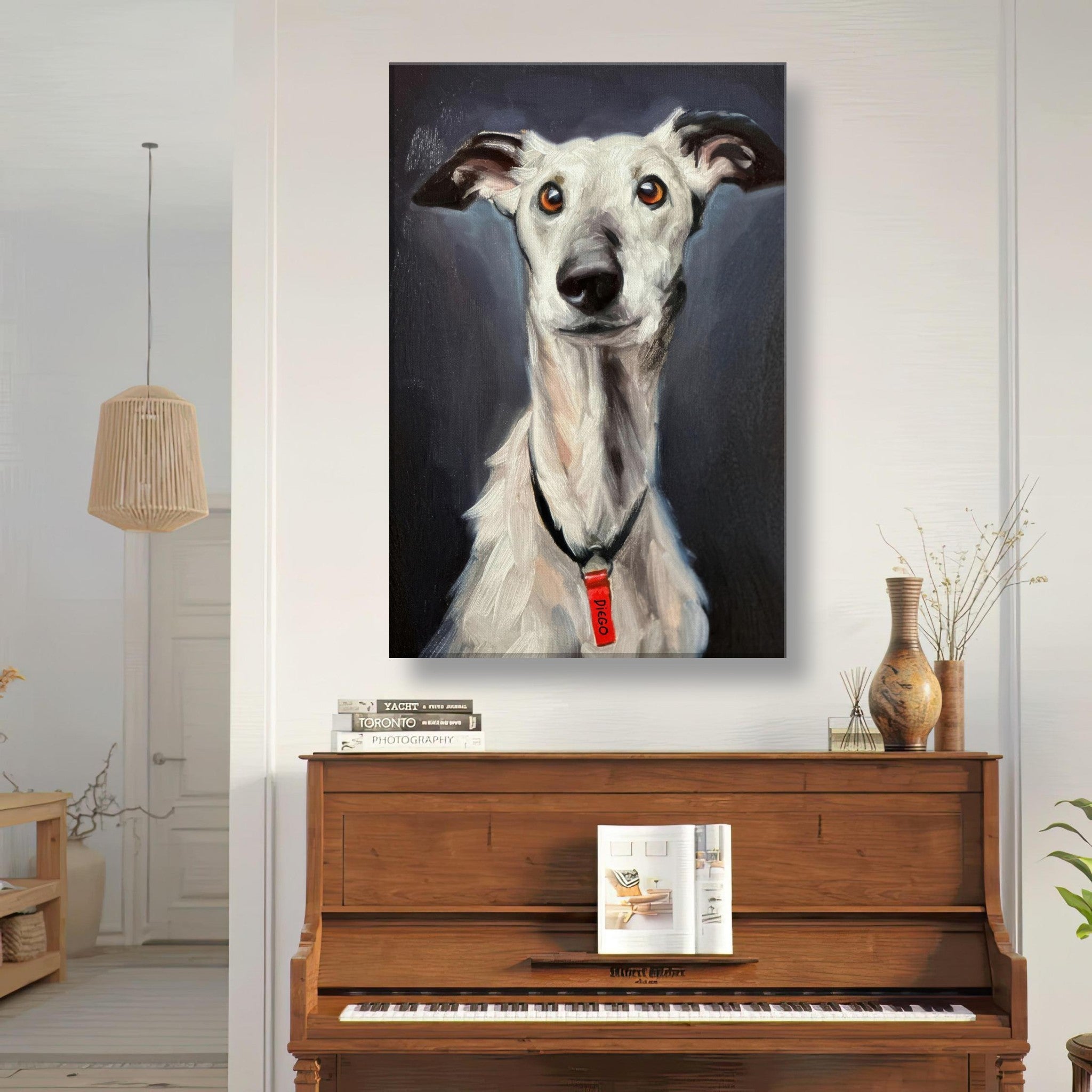 Greyhound dog painting canvas print displayed above a piano in a stylish interior, showcasing elegant artwork.