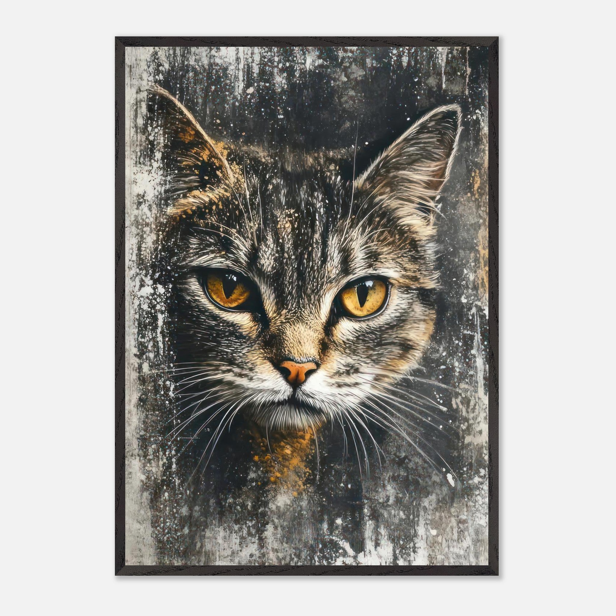 Vintage framed cat painting artwork with detailed fur and captivating golden eyes, perfect for home decor.