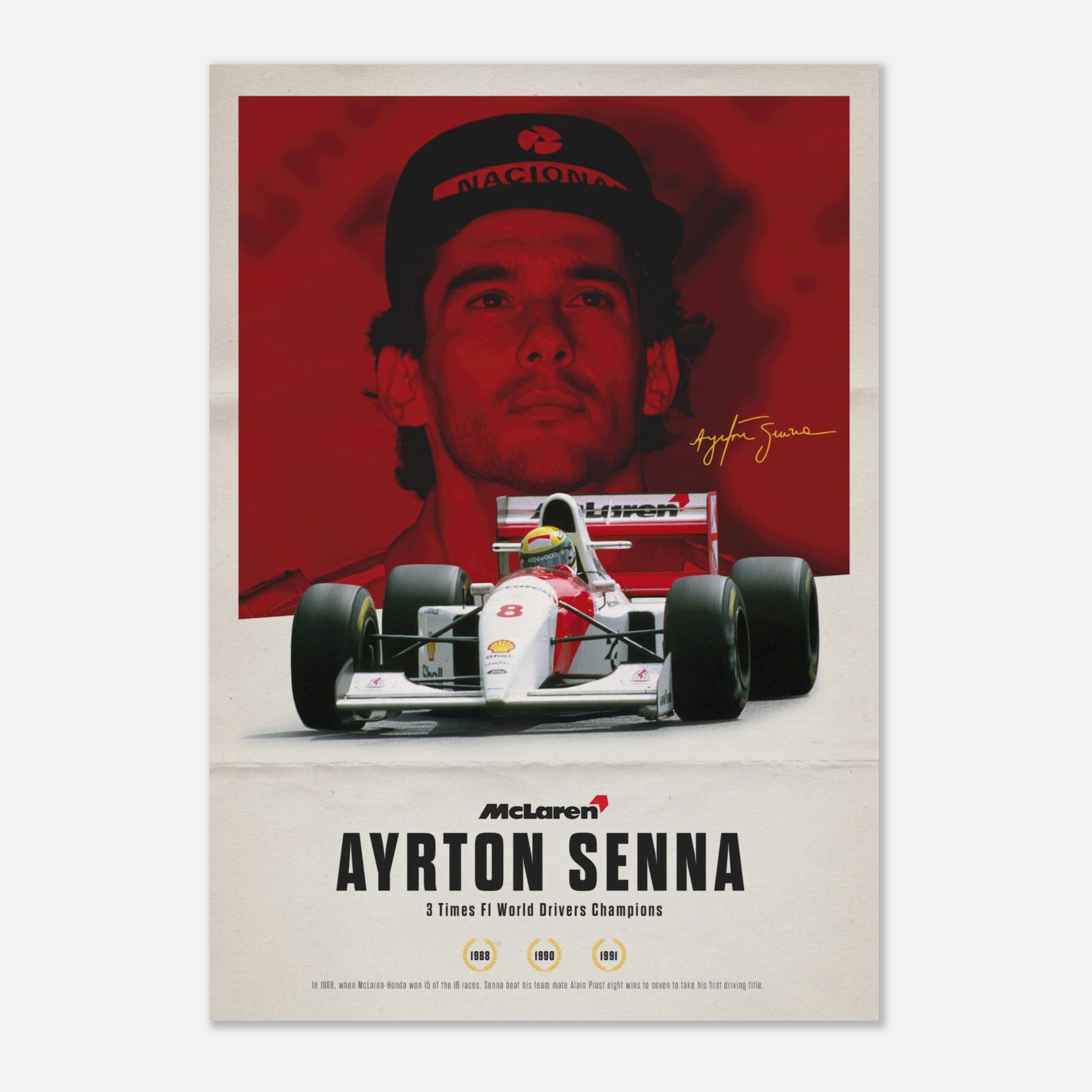 Ayrton Senna poster featuring the F1 legend in a McLaren car, celebrating his three World Championships.