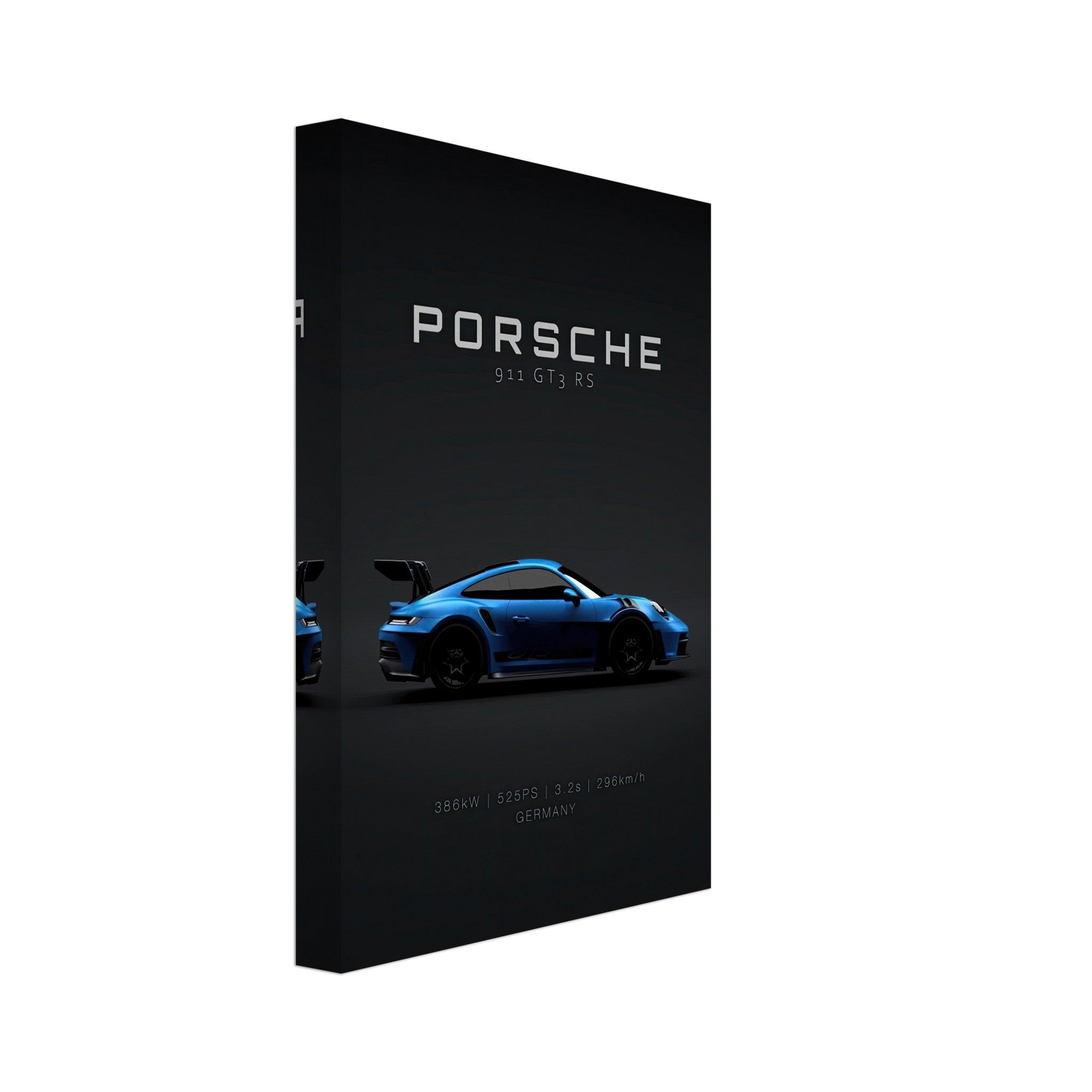 Porsche 911 GT3 RS canvas artwork featuring a striking blue car on a sleek black background.