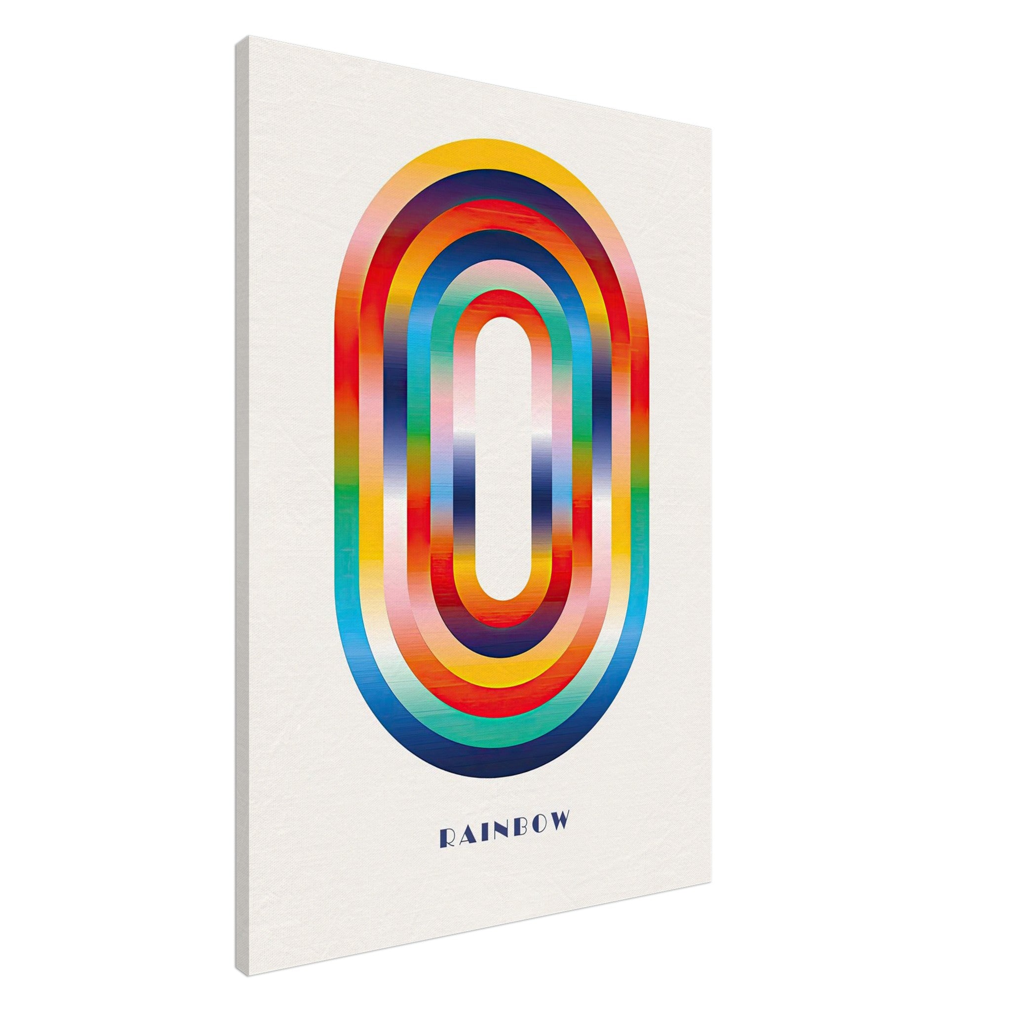 Vibrant abstract rainbow geometric canvas print showcasing bold overlapping arches in vivid colors.
