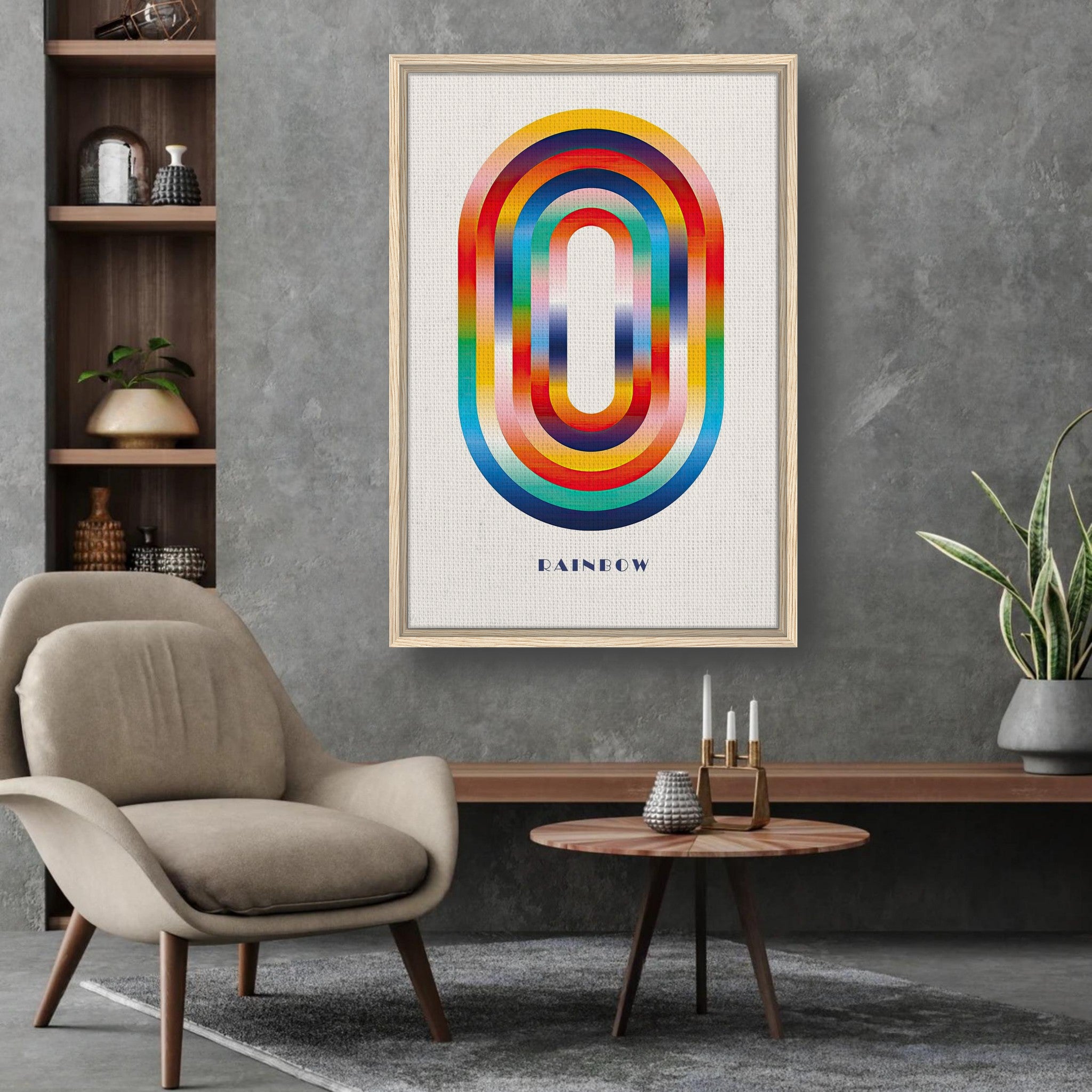 Abstract Rainbow Geometric Art framed canvas print displayed in modern living room with stylish decor.