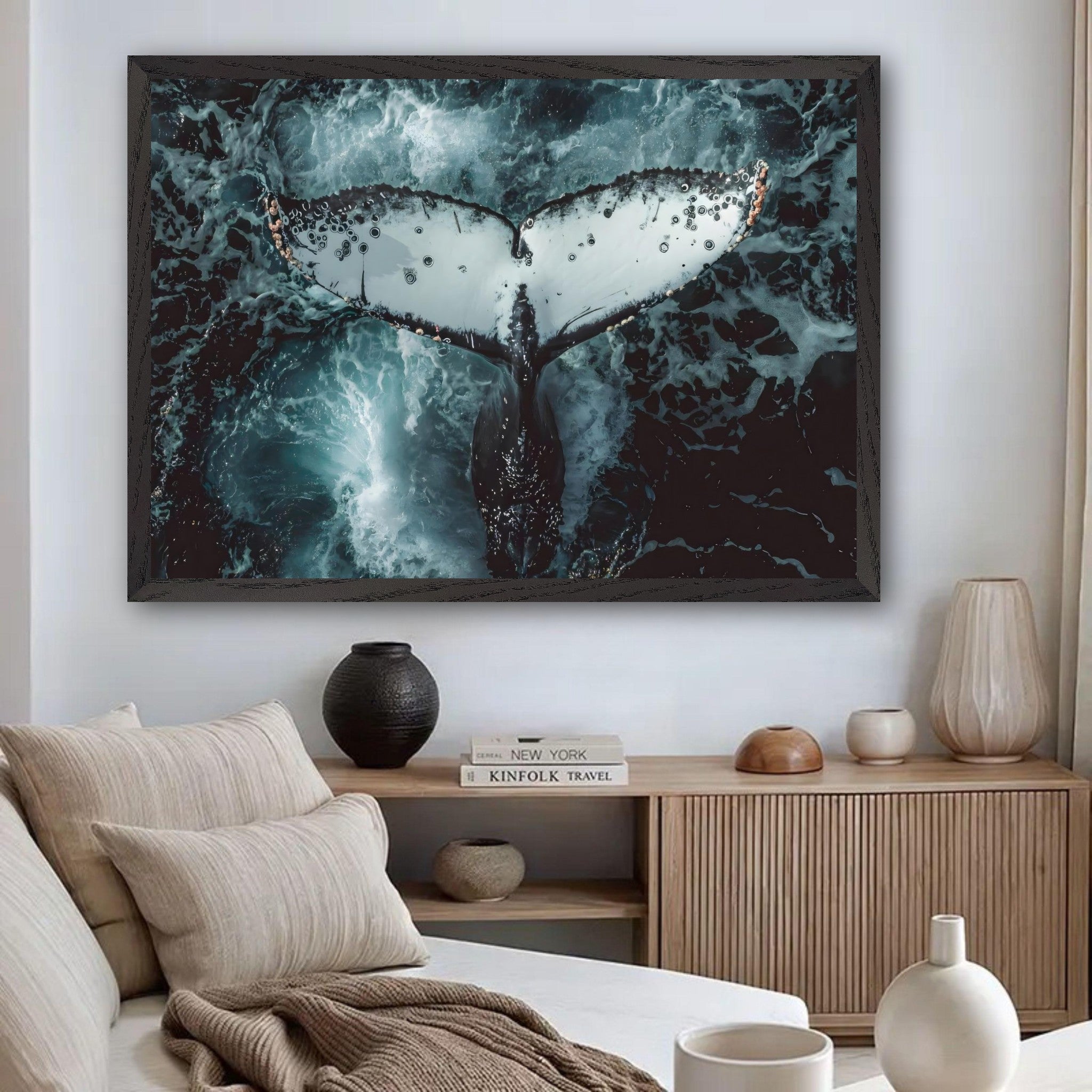 Humpback whale tail breaking through ocean waves in framed art, showcasing intricate details and deep blue waters.