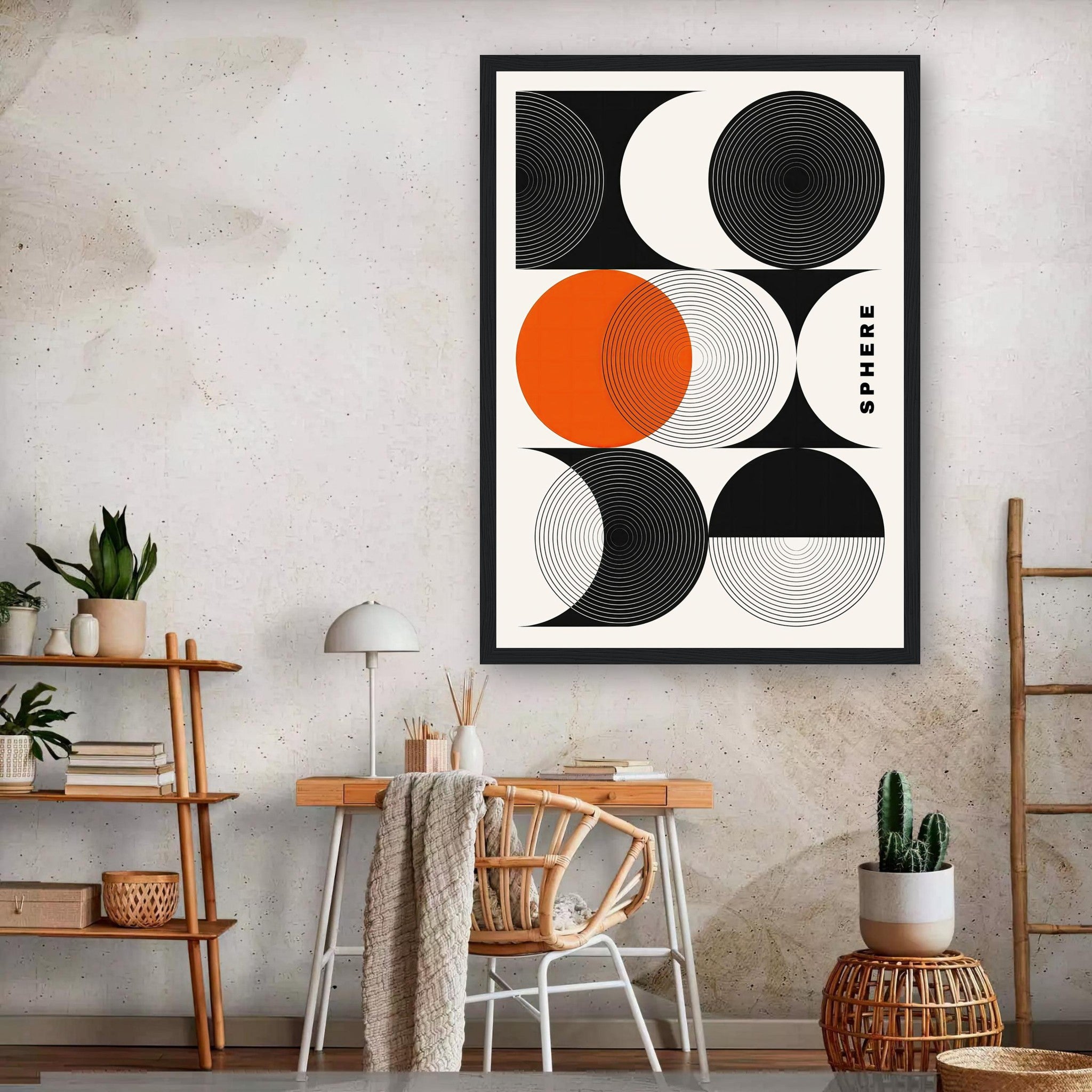 Abstract geometric sphere art framed print in black, white, and orange, enhancing modern home decor.