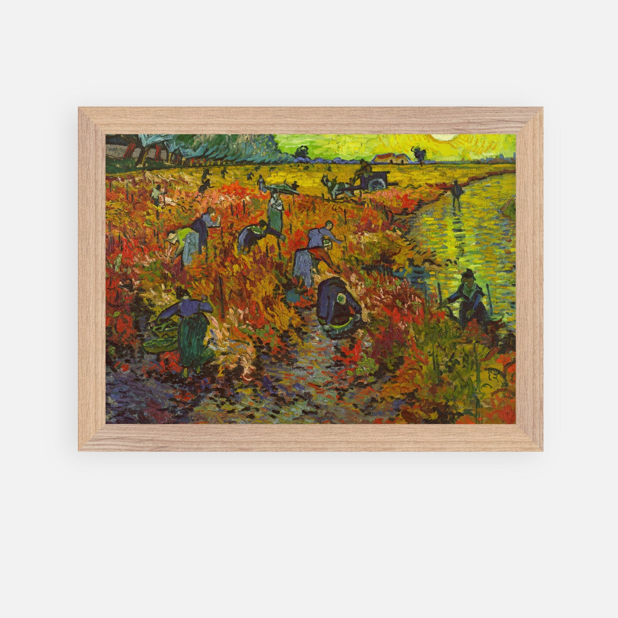 The Red Vineyard by Van Gogh, vintage framed art print showcasing laborers harvesting grapes in warm autumn hues.