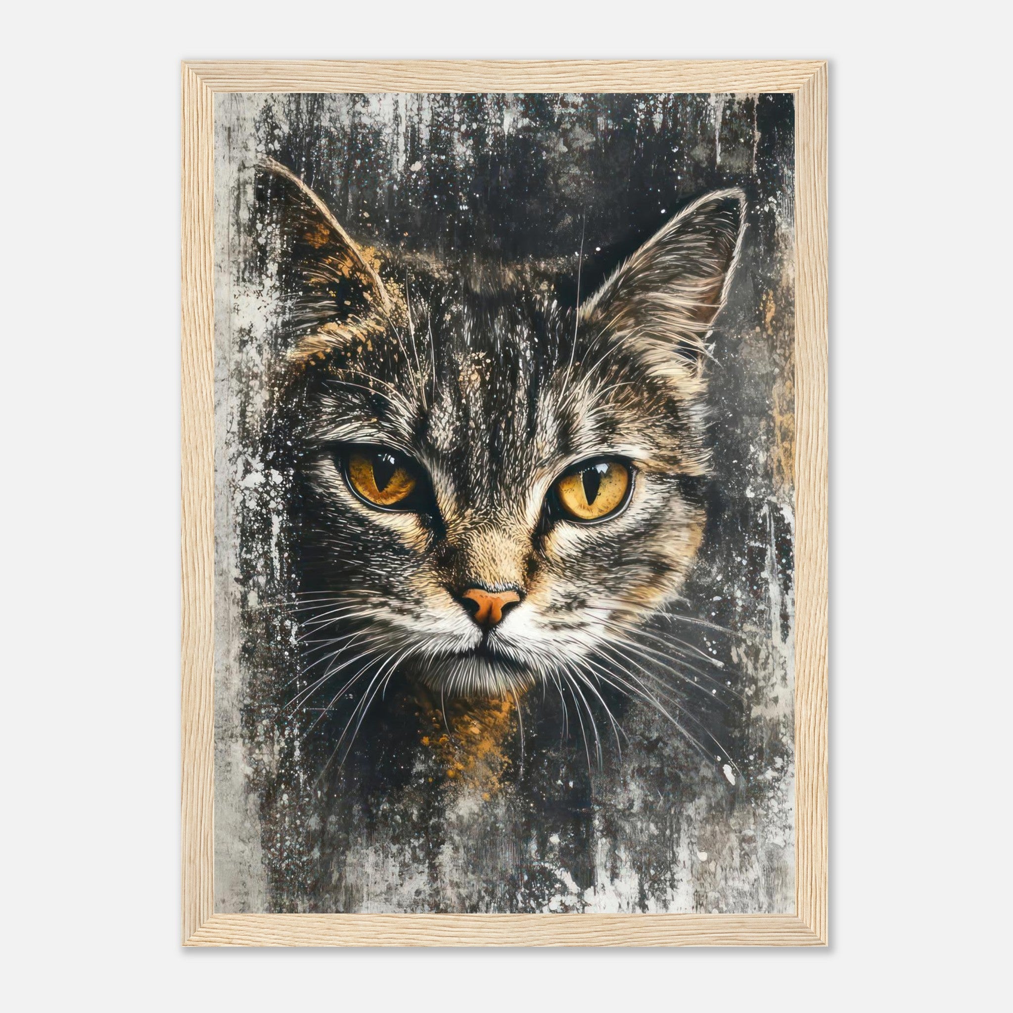 Cat painting artwork framed print featuring a close-up of a cat with golden eyes and textured background.
