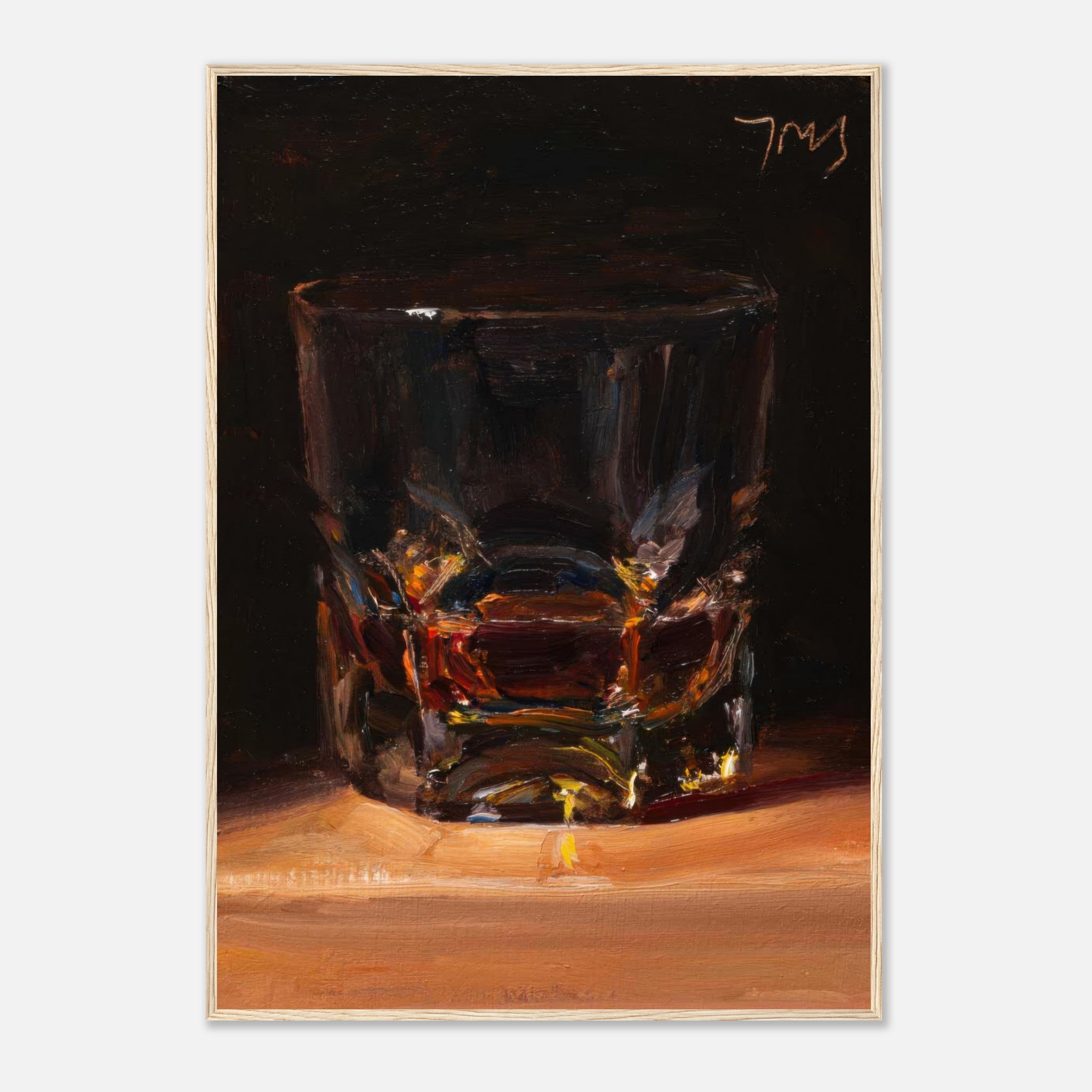 Whiskey framed print featuring a glass of whiskey with rich amber tones in a dramatic oil painting style.