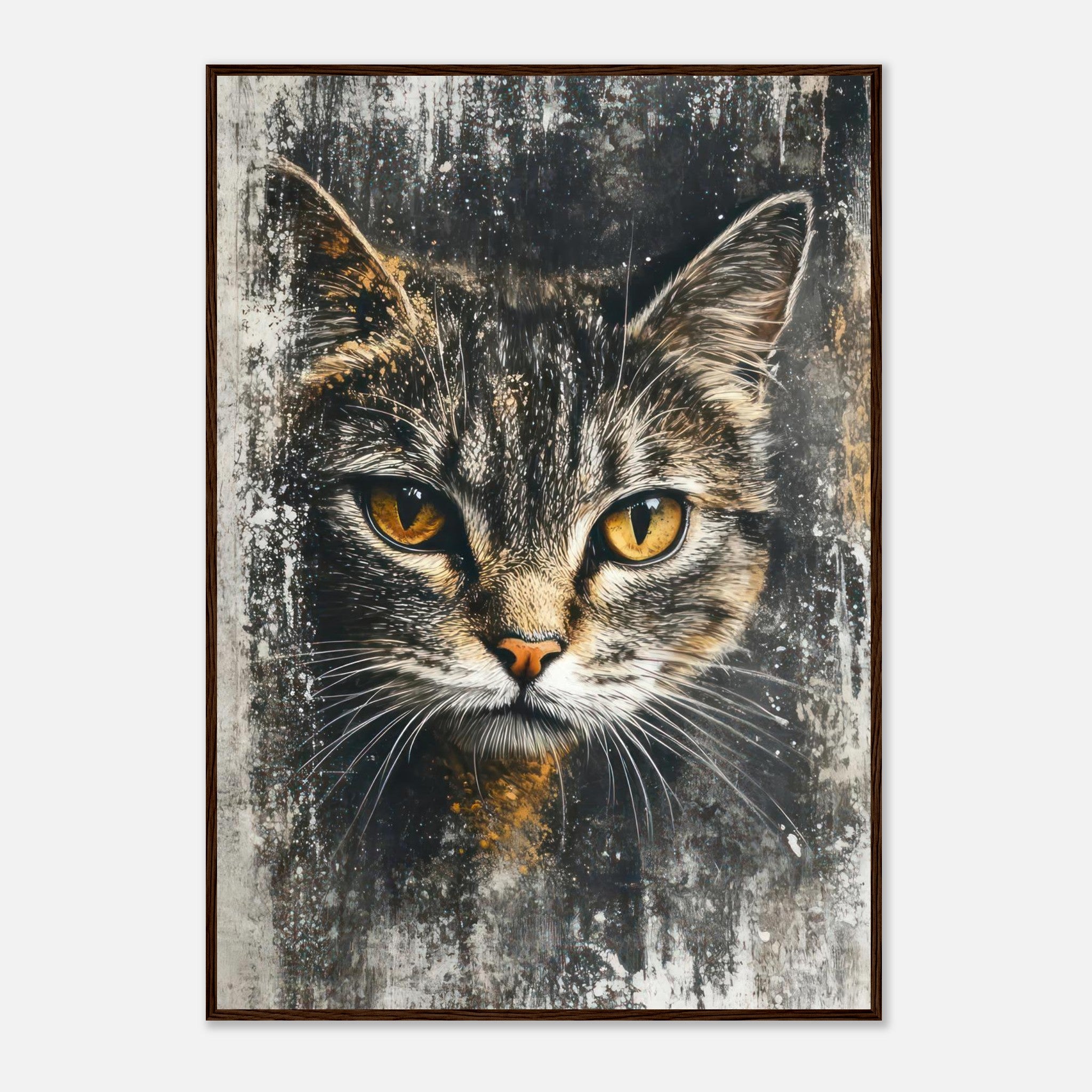 Framed print of a cat painting featuring piercing golden eyes and textured background, perfect for home decor.