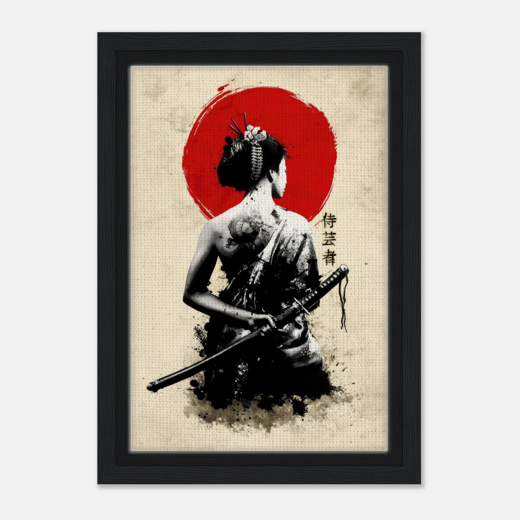 The Samurai Geisha framed canvas art featuring a geisha with a katana against a red sun background.
