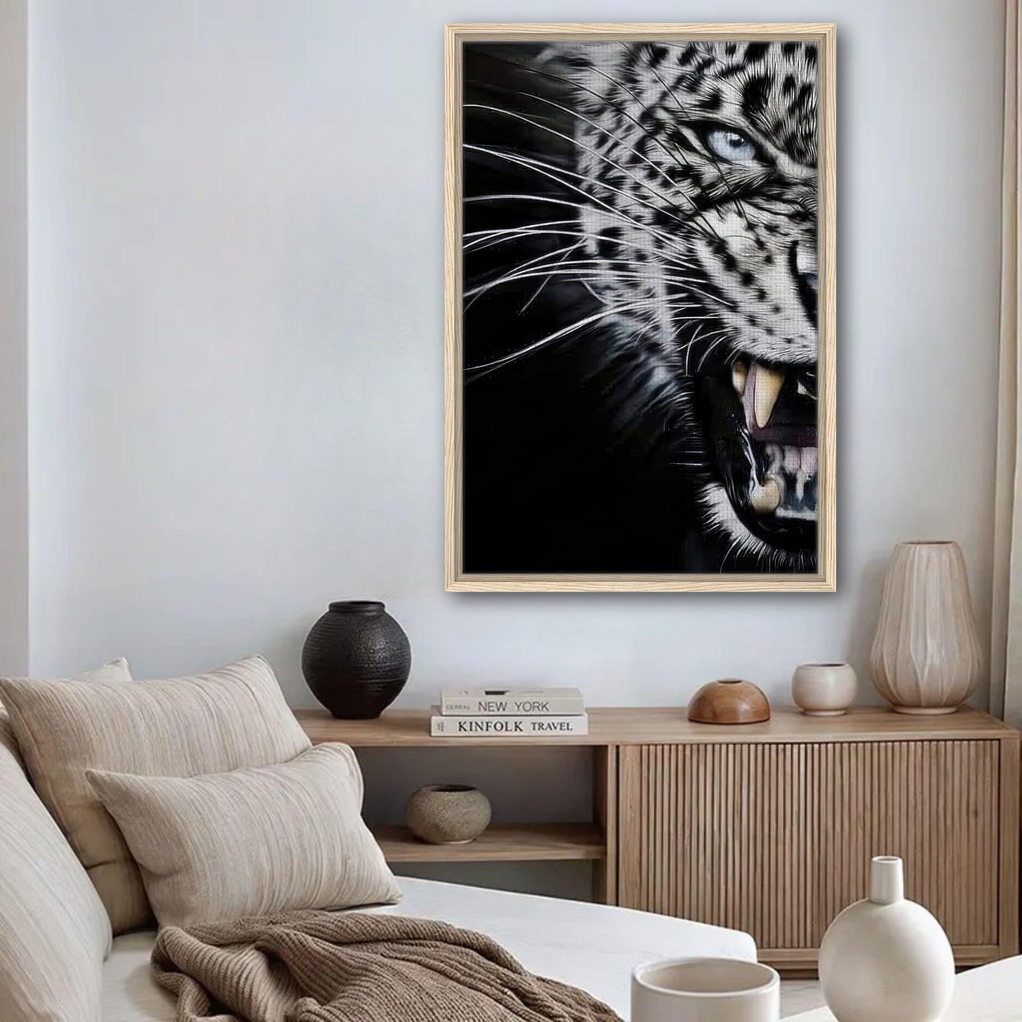 Framed close-up portrait of a fierce leopard in a modern living space, showcasing its powerful gaze and dramatic features.