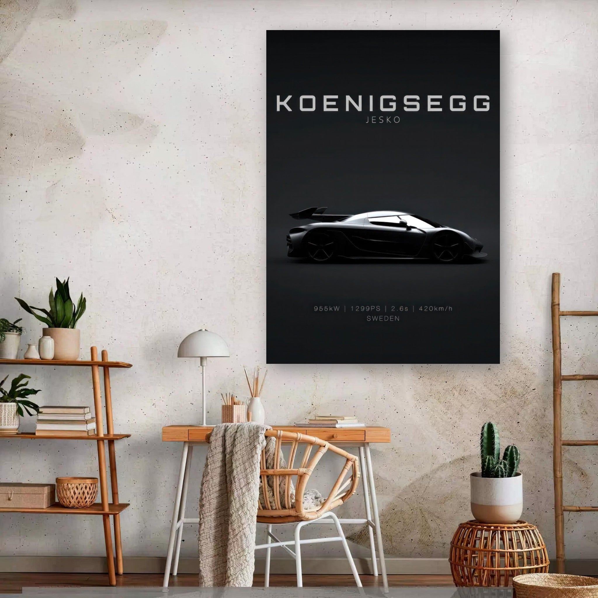 Koenigsegg Jesko Metal Print showcased in a modern interior, featuring sleek silhouette and sophisticated design.