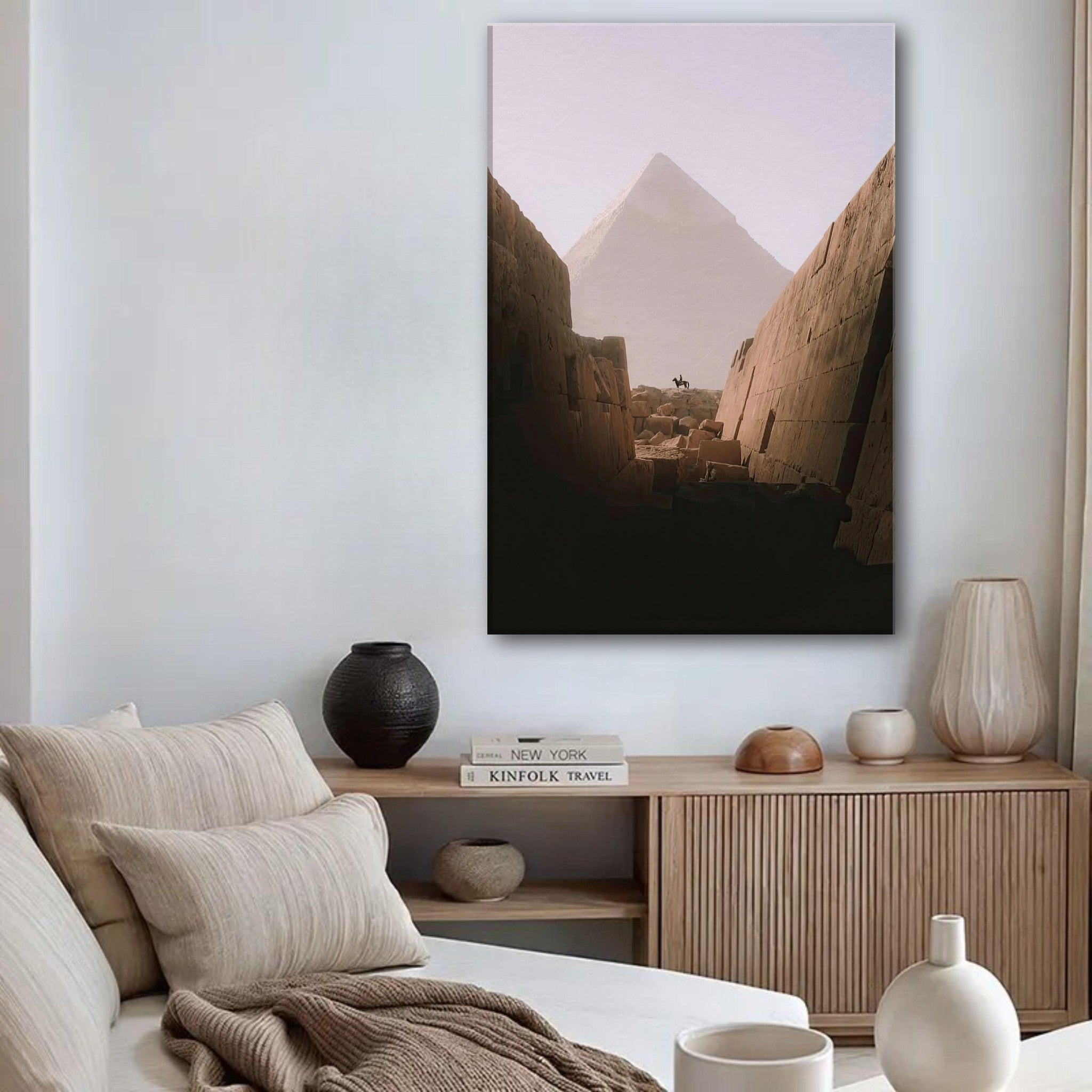 Canvas print featuring the Great Pyramid of Giza, displayed in a stylish living room setting.