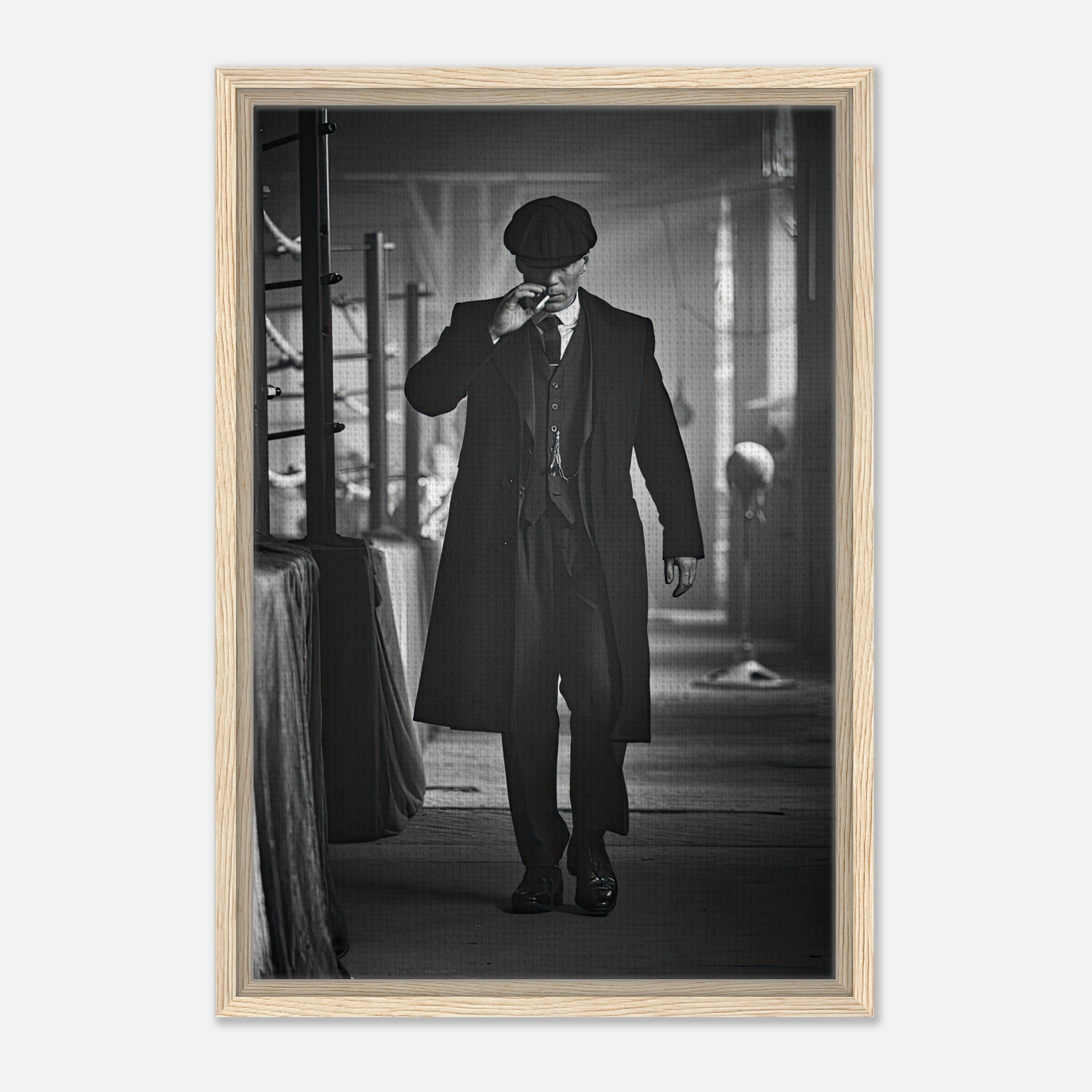 Tommy Shelby from Peaky Blinders framed canvas print in monochrome style, showcasing his iconic appearance.