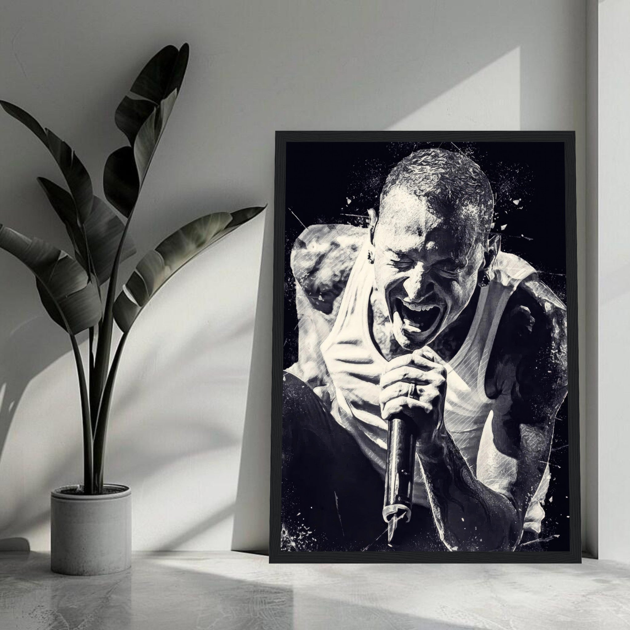 Chester Bennington framed print poster featuring his intense performance in powerful black-and-white design.