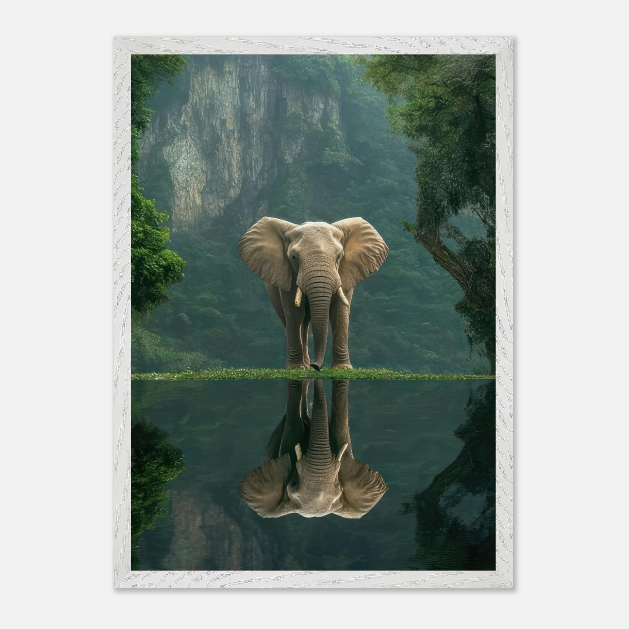 Majestic jungle elephant portrait reflected in serene water surrounded by lush greenery, fine art print.