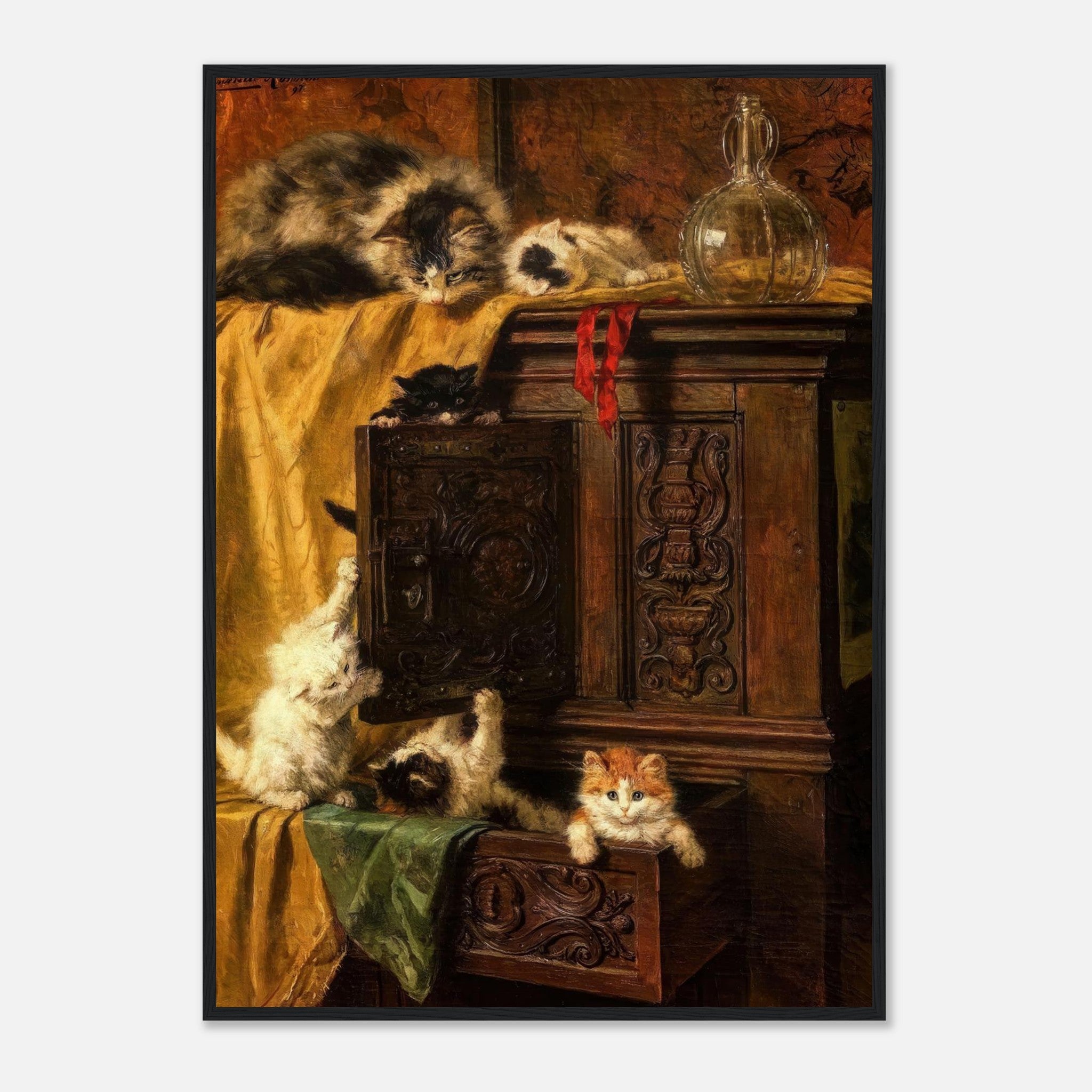 Vintage cat painting framed print of playful kittens exploring a wooden cabinet with rich colors and intricate details.