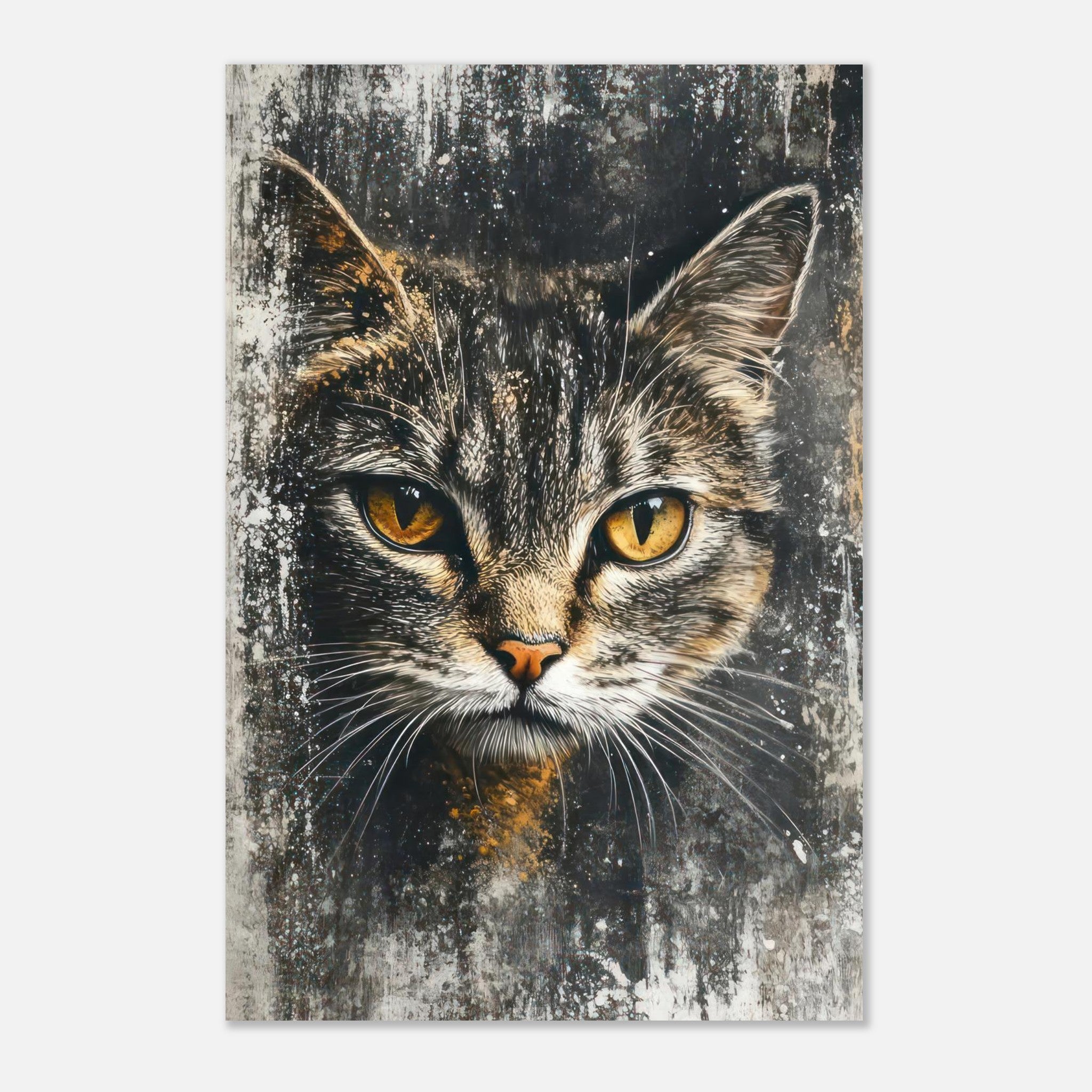 Stunning cat painting metal print featuring a detailed portrait with golden eyes and textured background.
