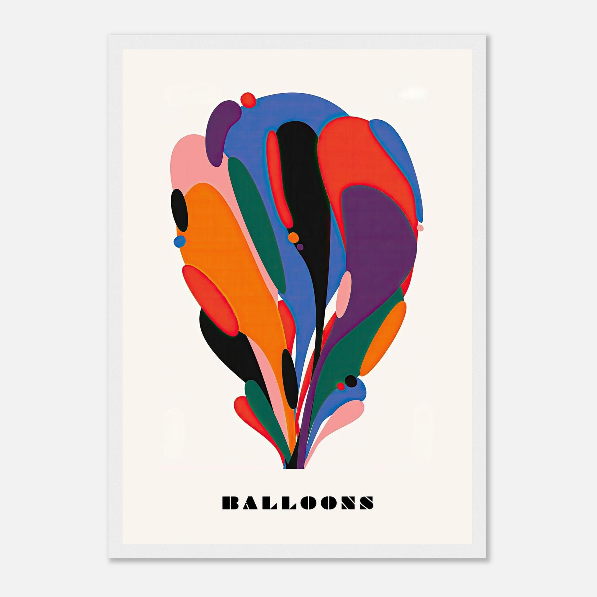 Colorful abstract balloon art framed print showcasing dynamic shapes and bold colors.