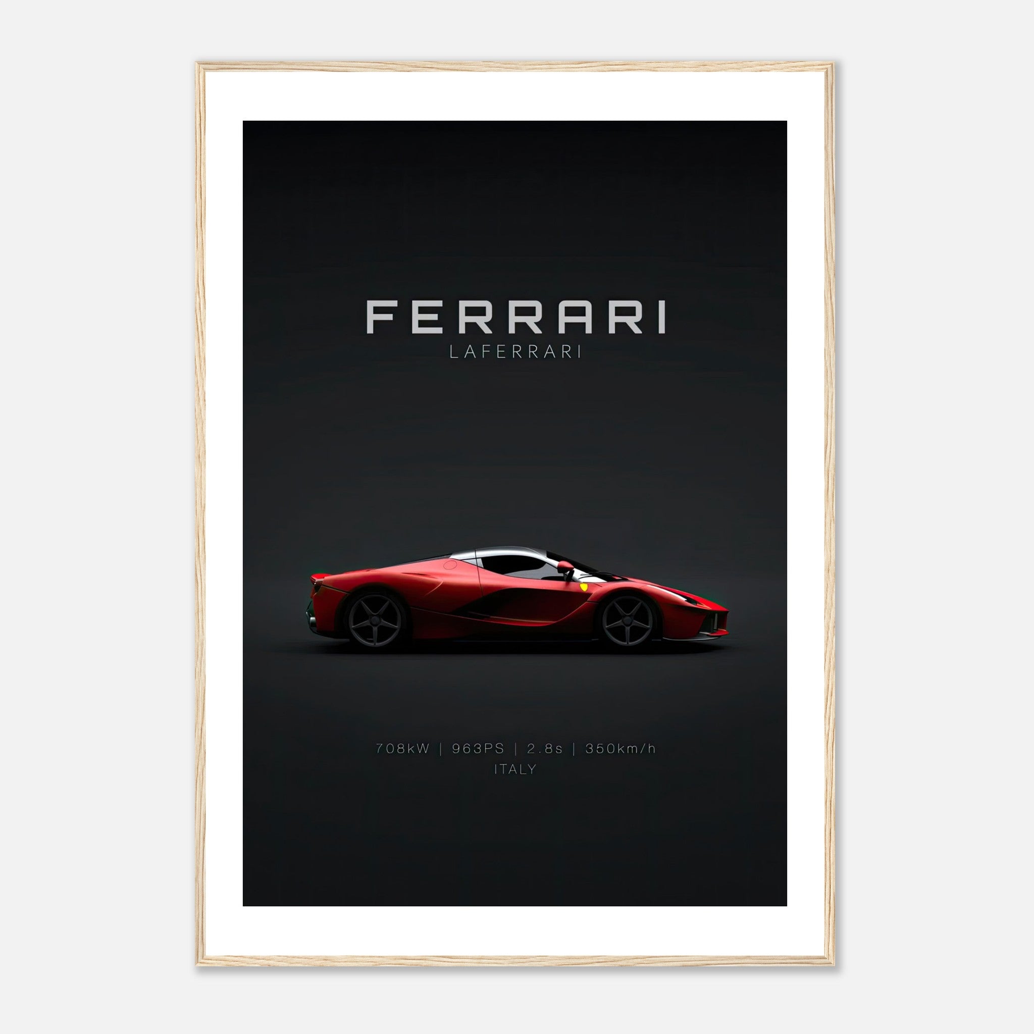 Ferrari Laferrari framed poster showcasing the iconic hypercar in vibrant red against a dark background.