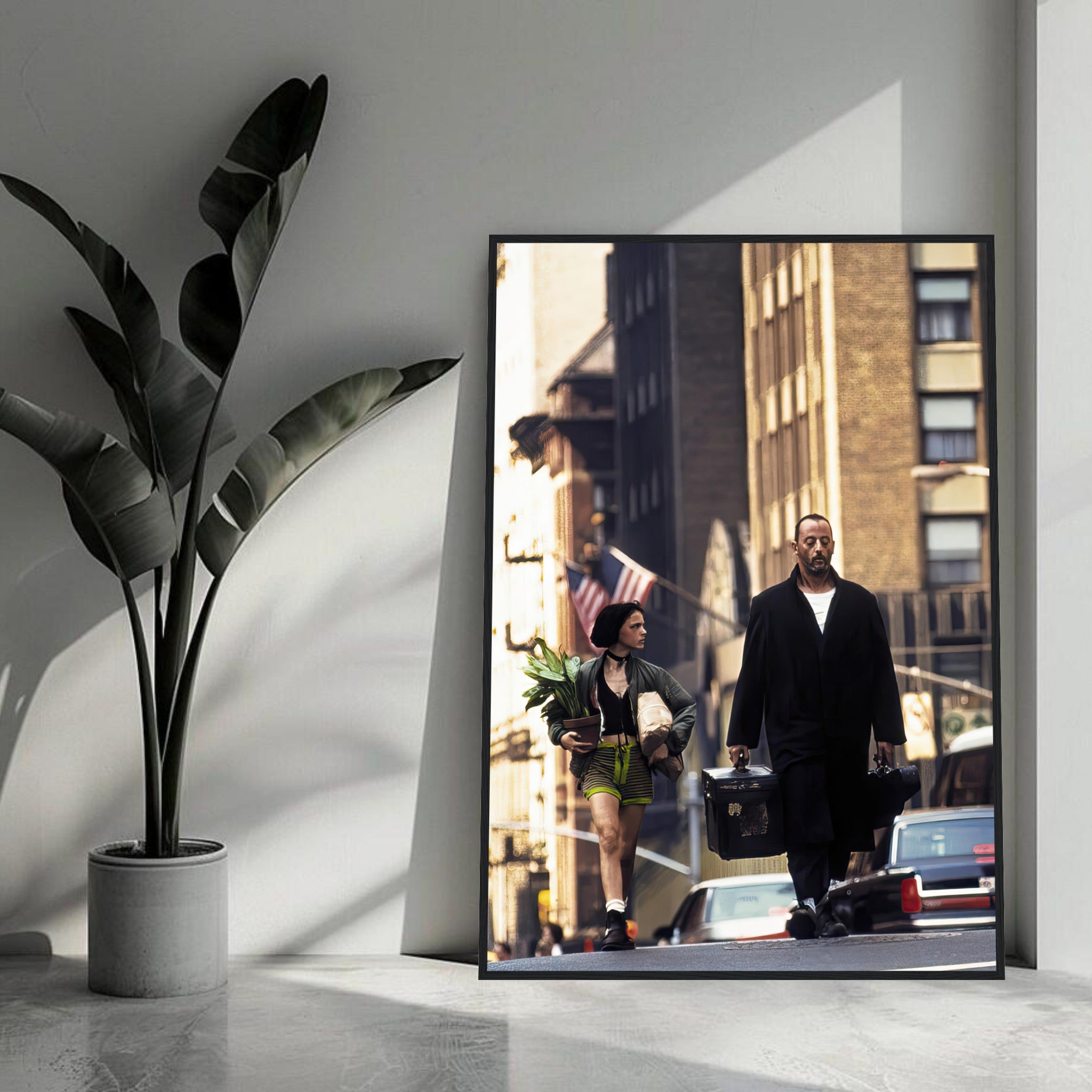 Jean Reno and Natalie Portman in *Leon* framed print, showcasing their iconic bond in a city backdrop.