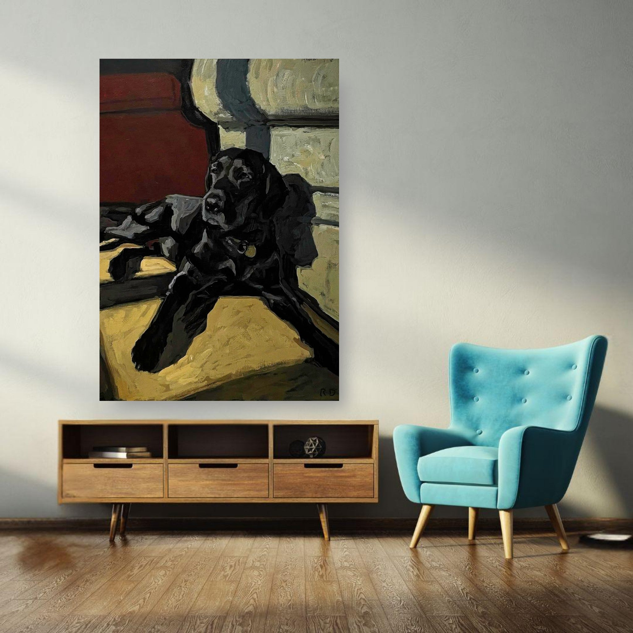 Black Labrador dog painting poster displayed in a modern living room with turquoise chair and wooden furniture.