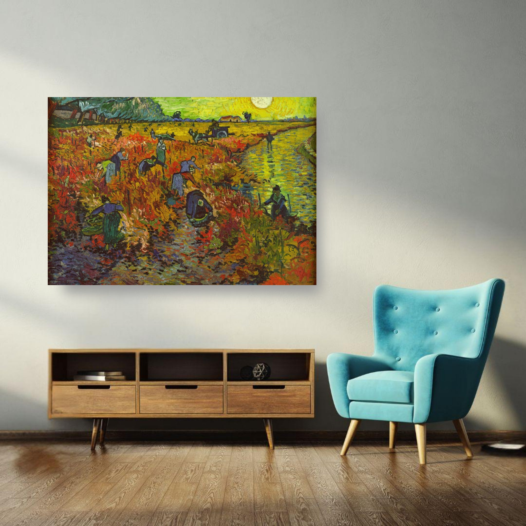 The Red Vineyard by Van Gogh displayed in a modern living room showcasing vibrant autumn colors and dynamic brushwork.