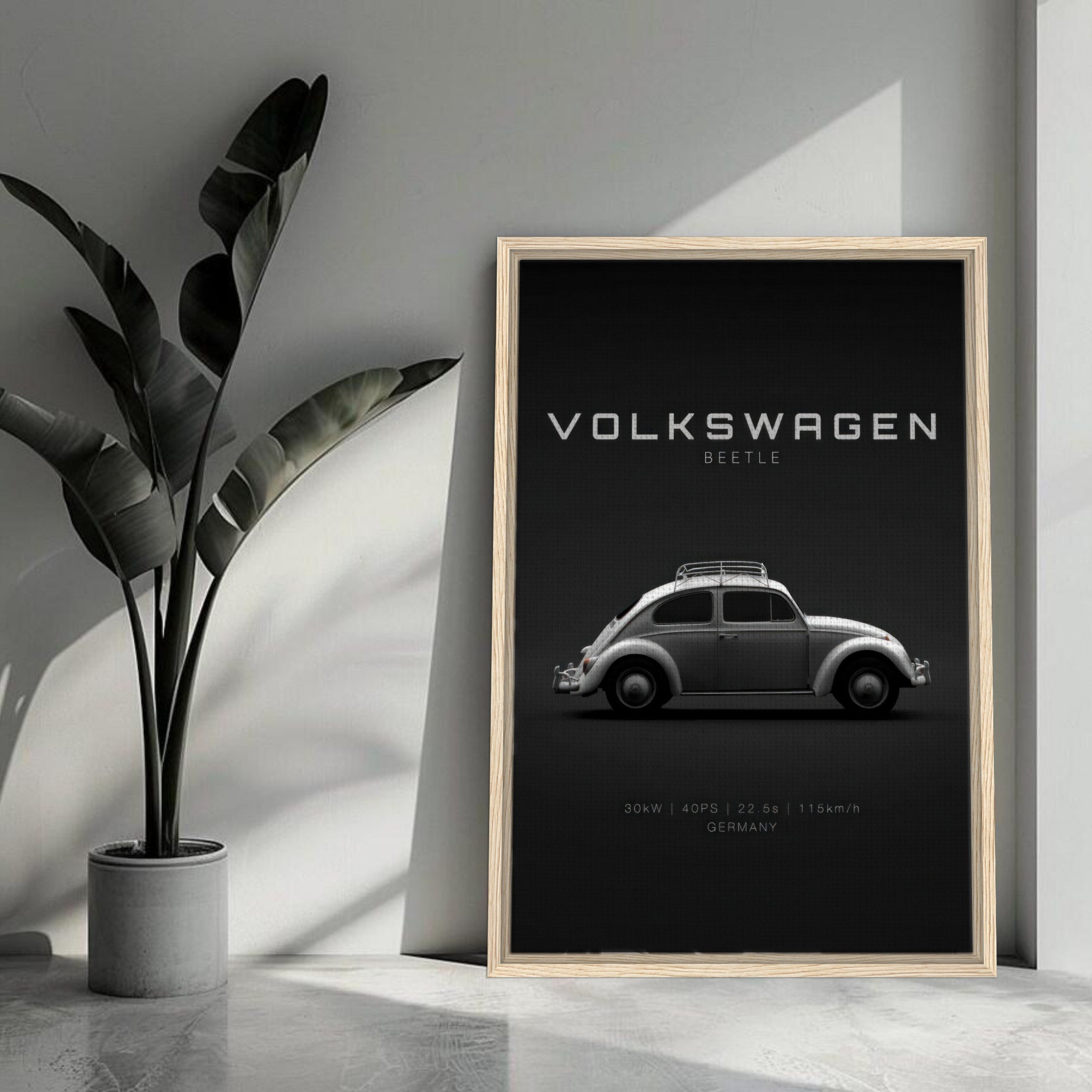 Framed canvas artwork of a Volkswagen Beetle on a sleek black background, perfect for vintage decor in any space.