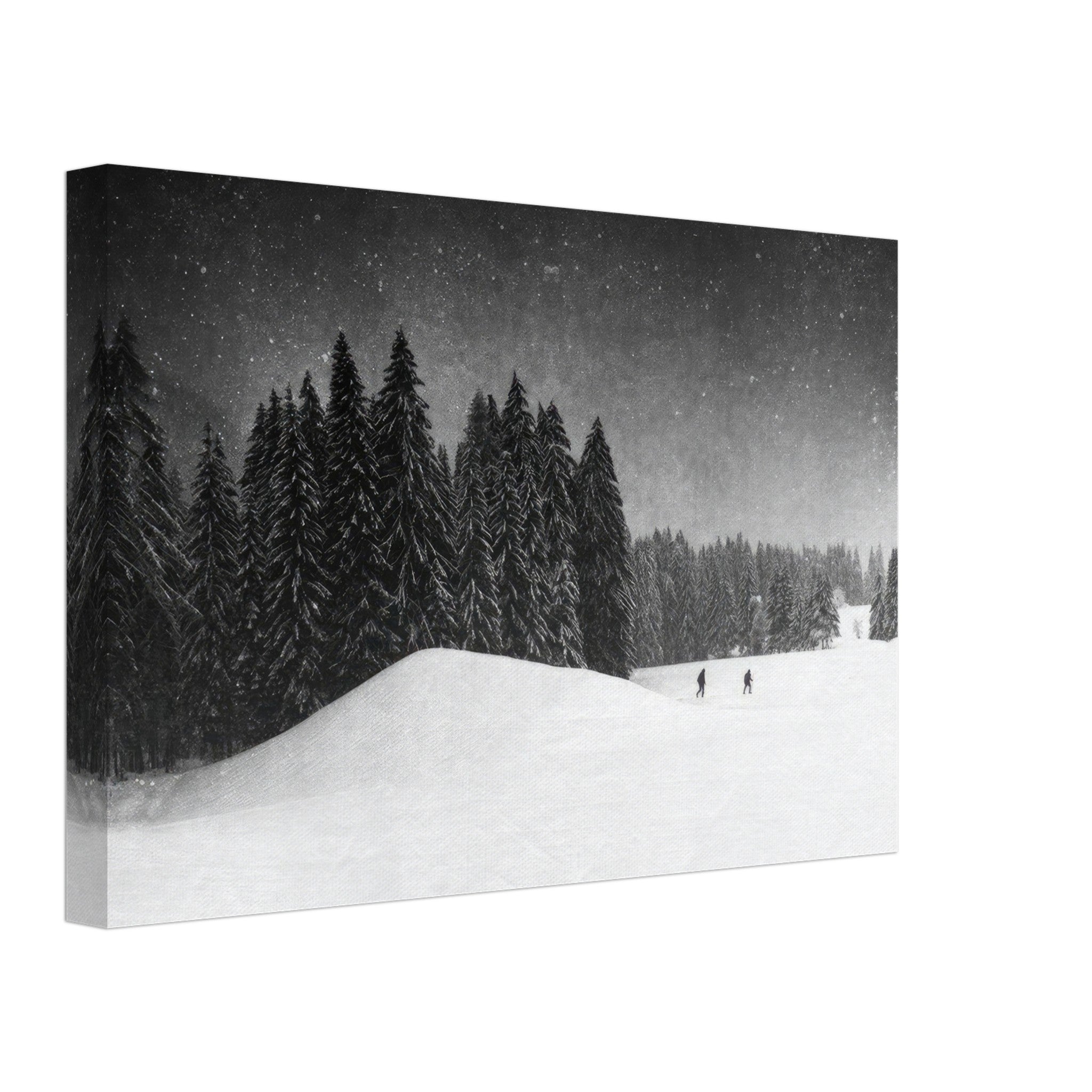 Serene Winter Crossing Canvas artwork depicting snow-covered forest and distant figures in a tranquil snowy landscape.