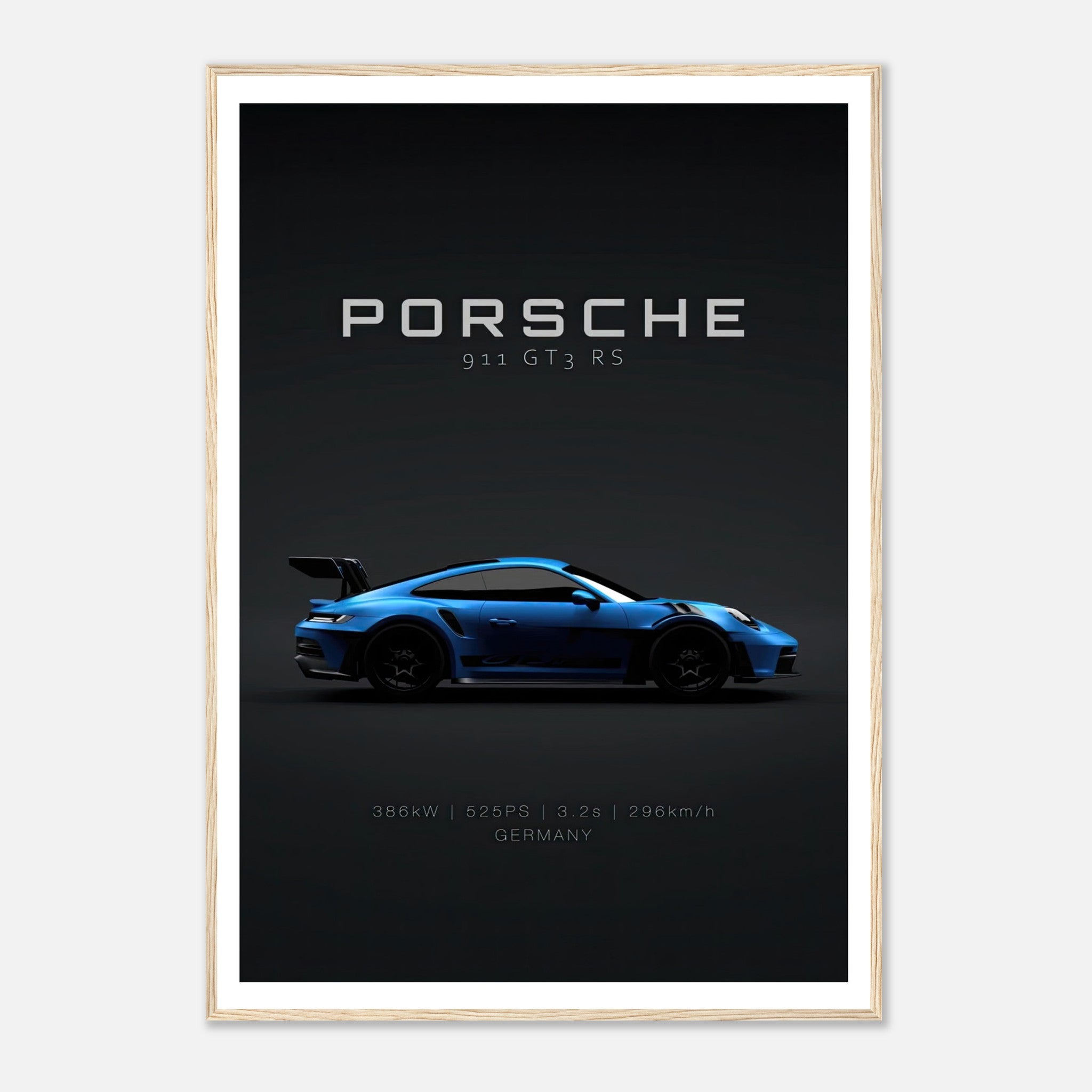 Porsche 911 GT3 RS framed poster showcasing sleek design and performance details.