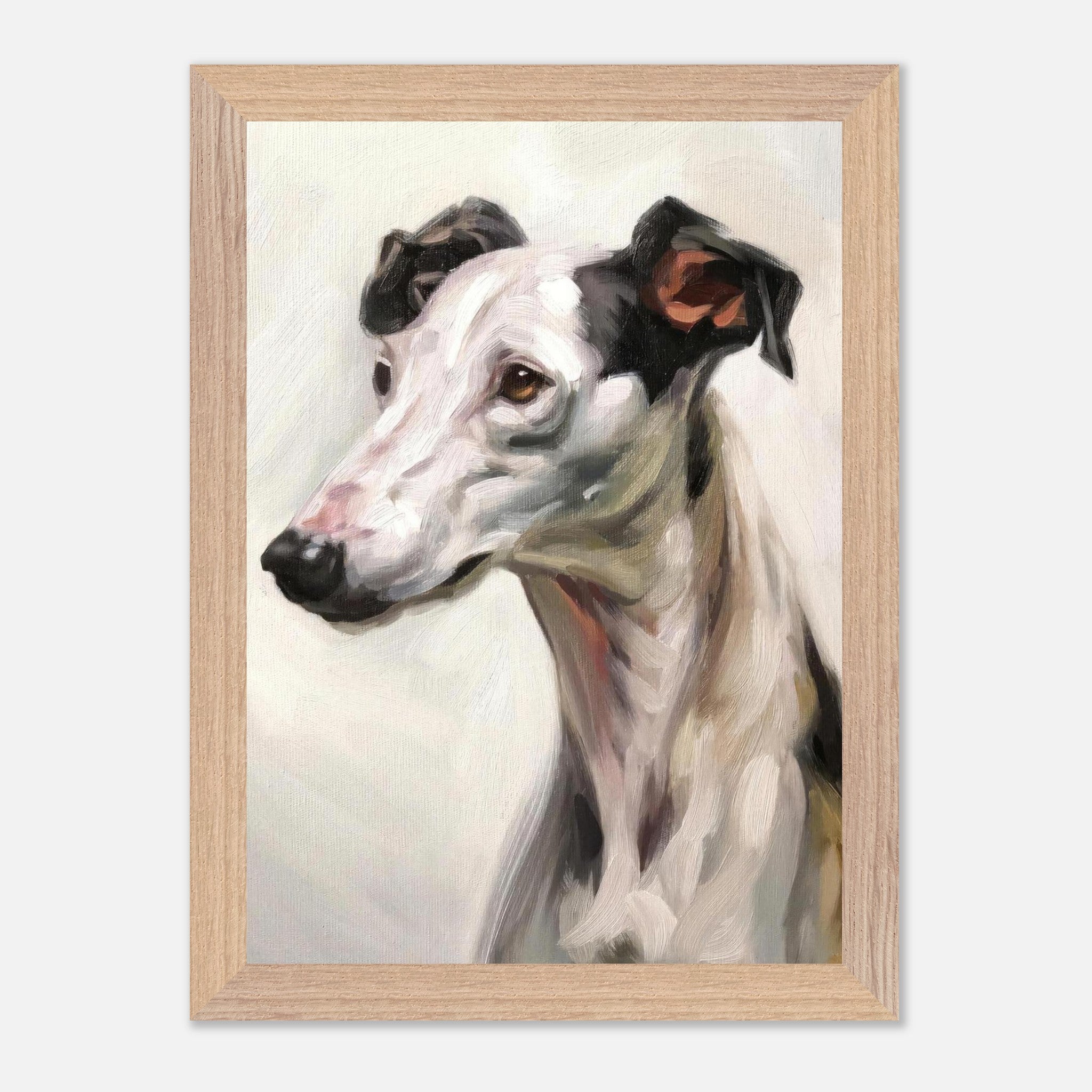 Greyhound dog painting in vintage frame, showcasing elegant brushstrokes and soft colors.