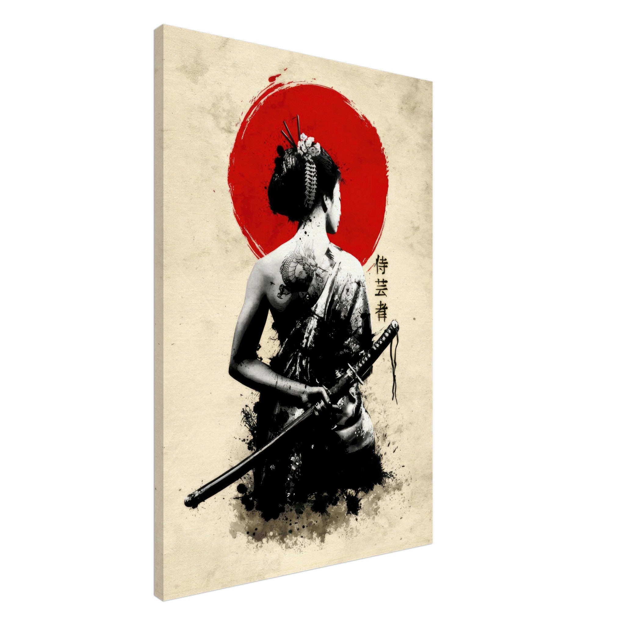 The Samurai Geisha Canvas artwork featuring a poised figure with a katana against a bold red sun backdrop.