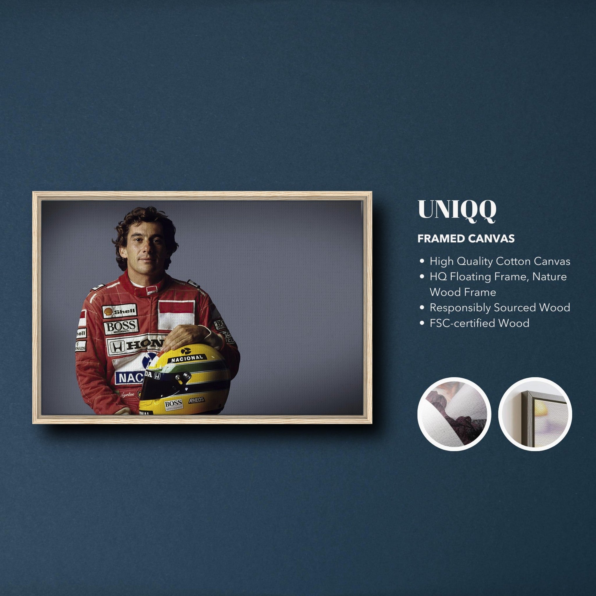 Framed canvas print of Ayrton Senna, featuring quality cotton and a nature Wood frame for motorsport enthusiasts.
