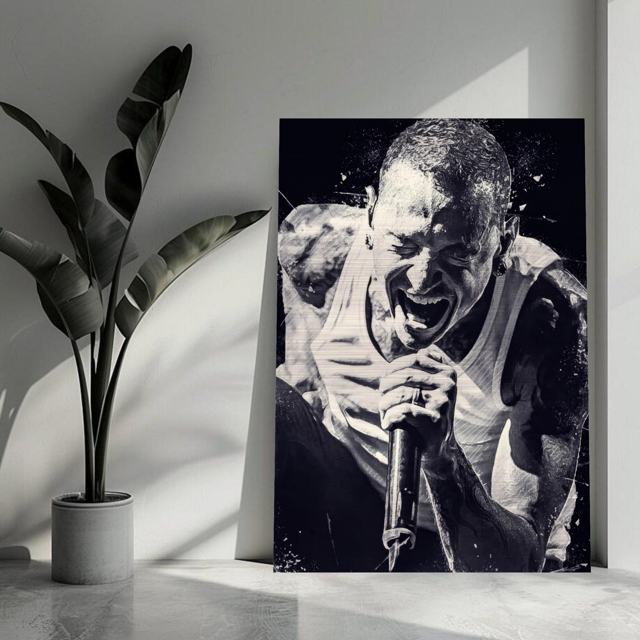 Chester Bennington brushed metal print showcasing his passionate performance in black-and-white, perfect for Linkin Park fans.