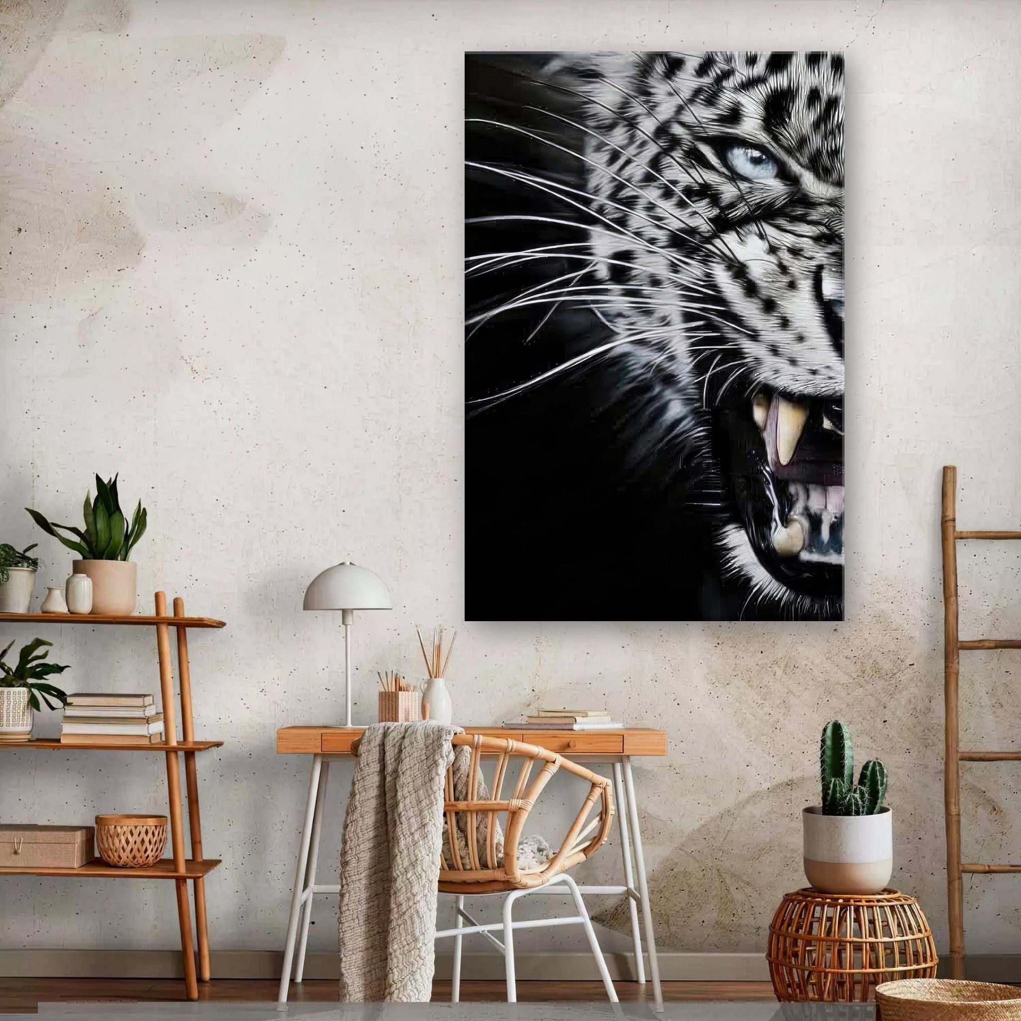 Close-up portrait of a fierce leopard canvas print on a minimalist wall, showcasing intense gaze and sharp fangs.