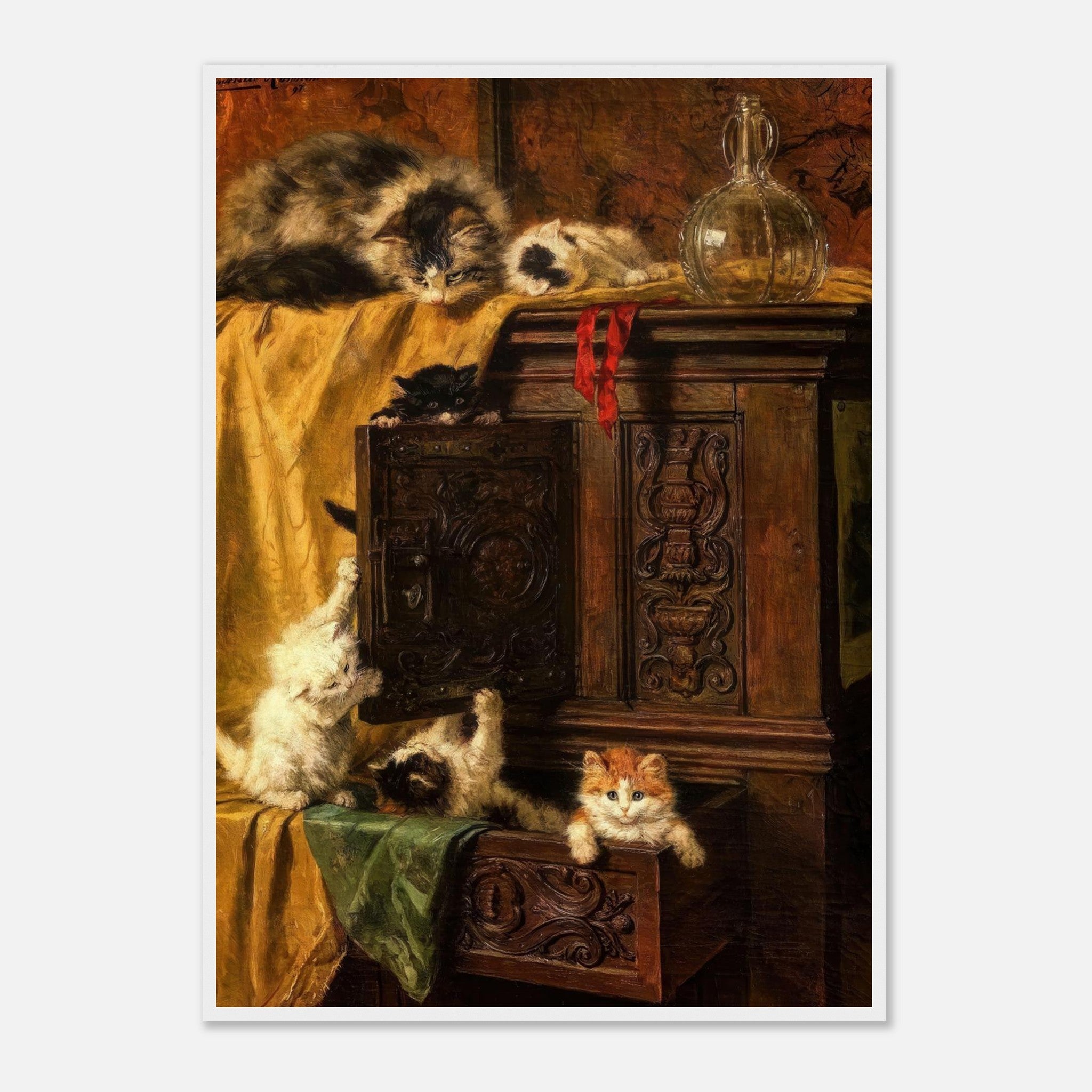 Vintage cat painting featuring playful kittens exploring a wooden cabinet in rich warm tones.
