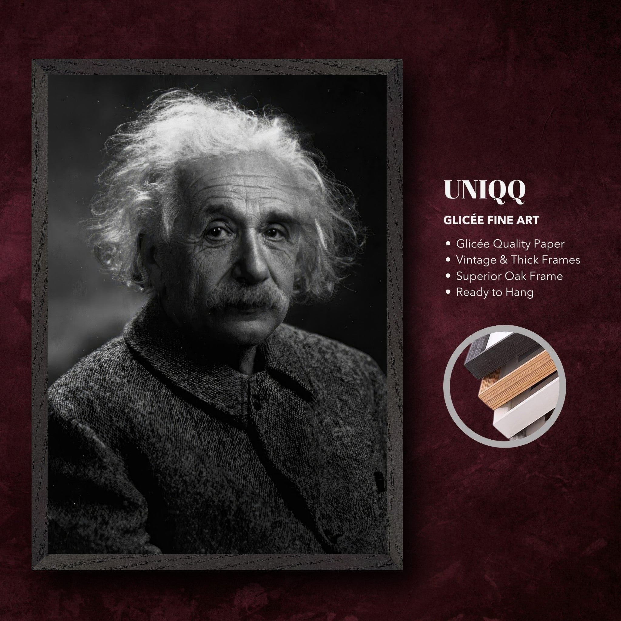 Museum-quality Giclée print of Albert Einstein portrait in vintage oak frame, capturing intricate details.
