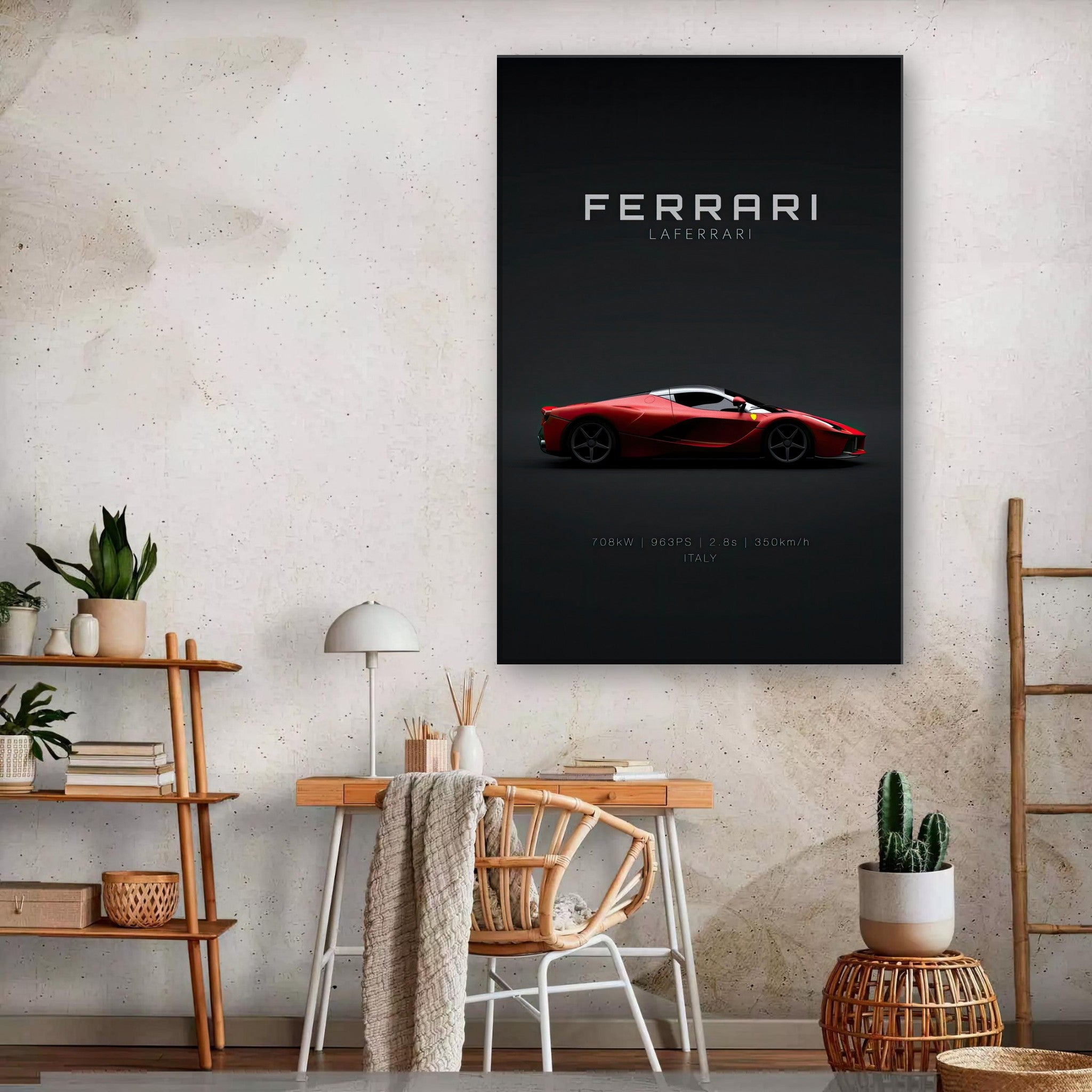 Stunning Ferrari Laferrari canvas art displayed in a modern home setting, showcasing elegance and power.
