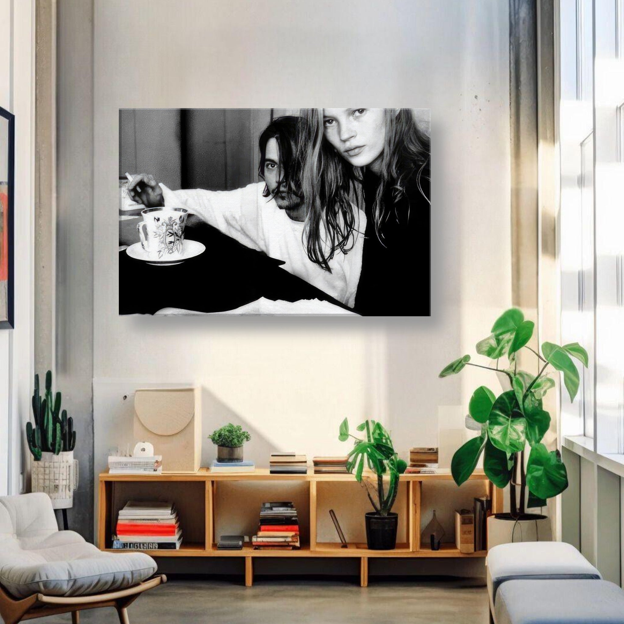 Black and white canvas print of Johnny Depp and Kate Moss, capturing 90s rebellious romance and vintage glamour.