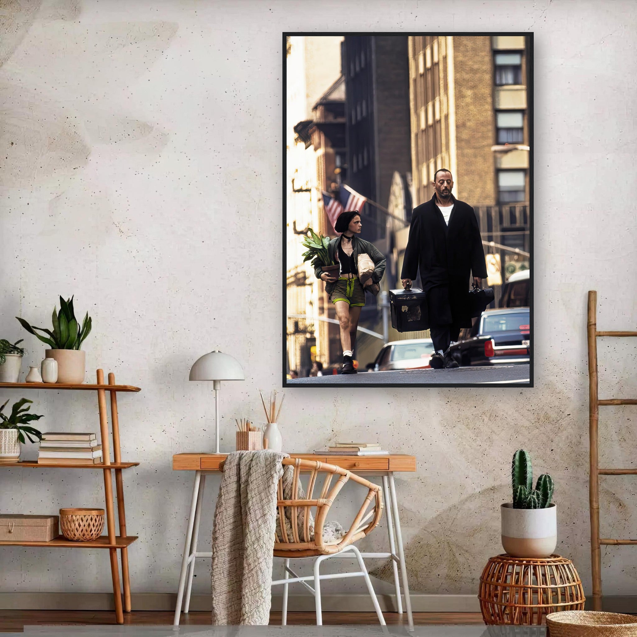 Jean Reno and Natalie Portman walking in iconic scene from *Leon*, framed print showcasing cinematic artistry.