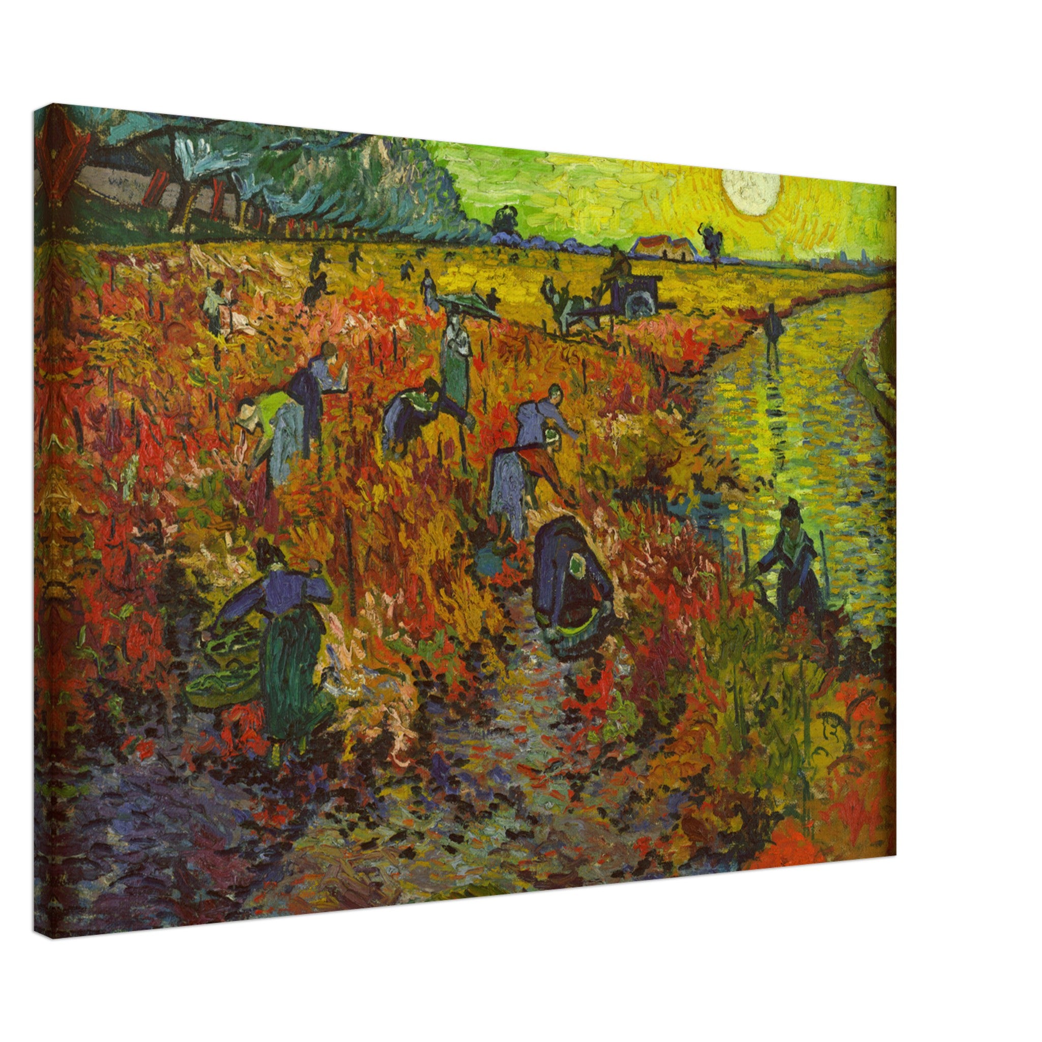 Canvas print of Van Gogh's The Red Vineyard, showcasing vibrant autumn colors and workers in a lush vineyard.