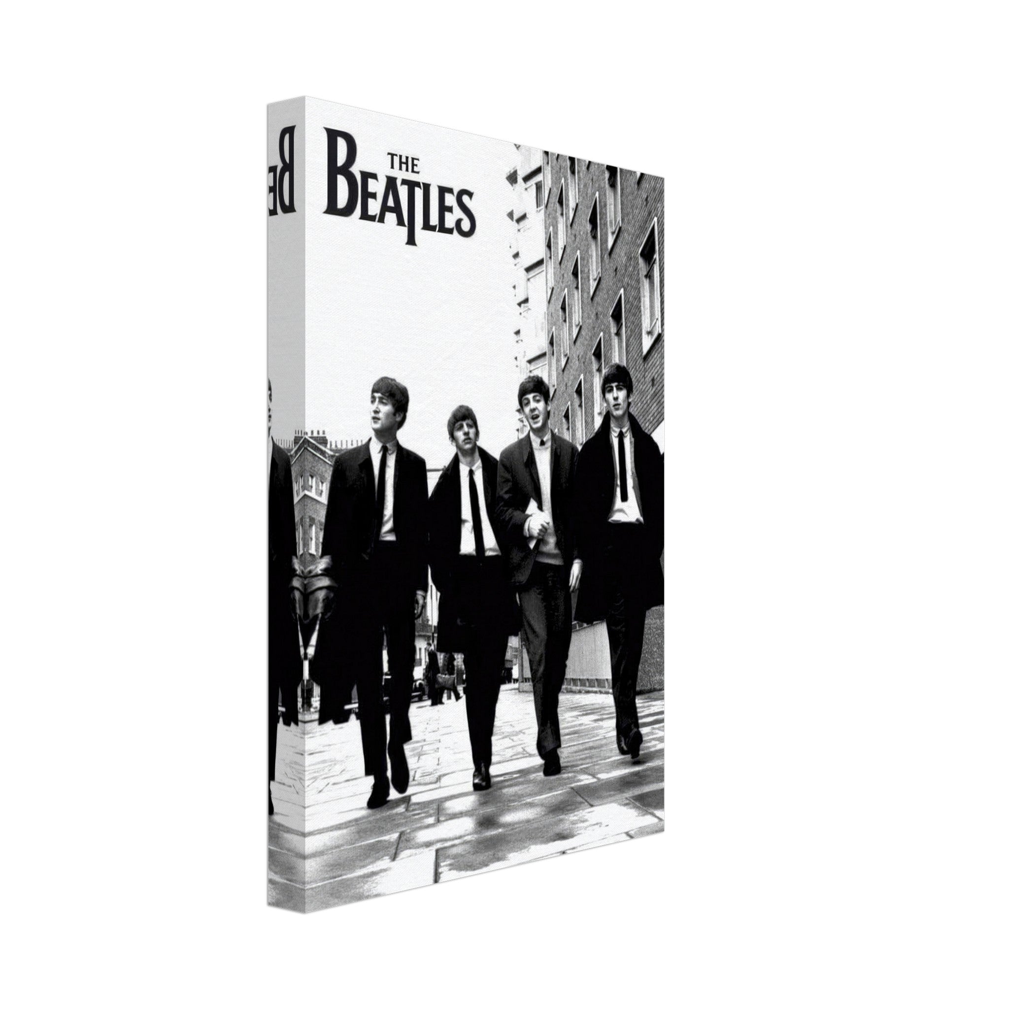 The Beatles Cover Canvas Print featuring iconic black and white image of the band walking in suits.
