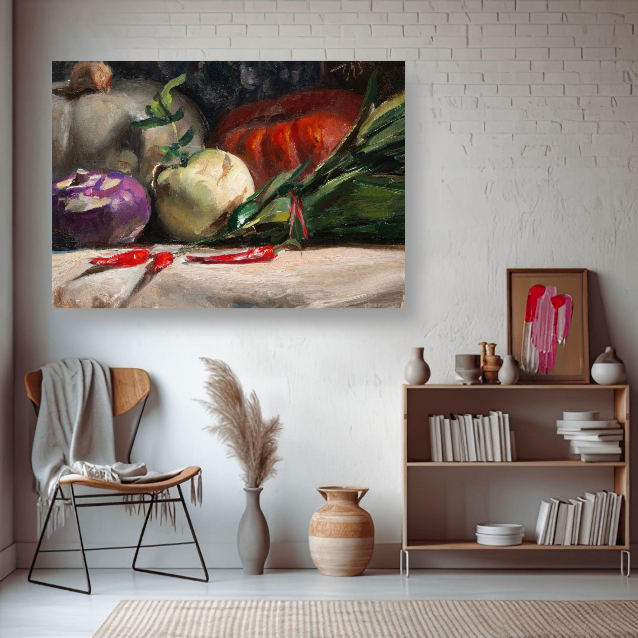 Kohlrabi, pumpkins, and chilis metal print artwork displayed in a cozy interior setting.