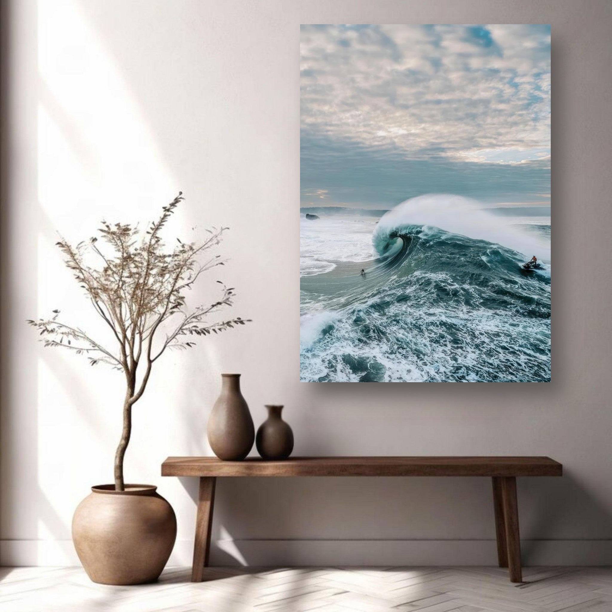Big Wave Surfing Metal Print featuring a surfer riding a massive wave in vibrant ocean colors.