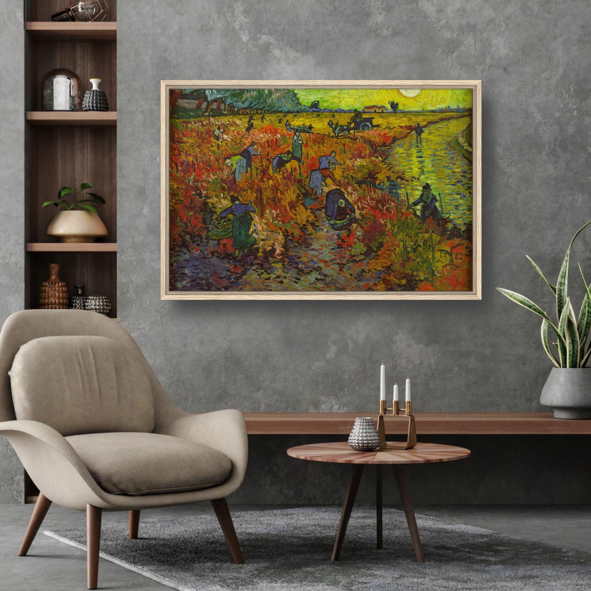 Framed Van Gogh painting, The Red Vineyard, showcasing a vibrant vineyard scene with warm autumn colors in modern decor.