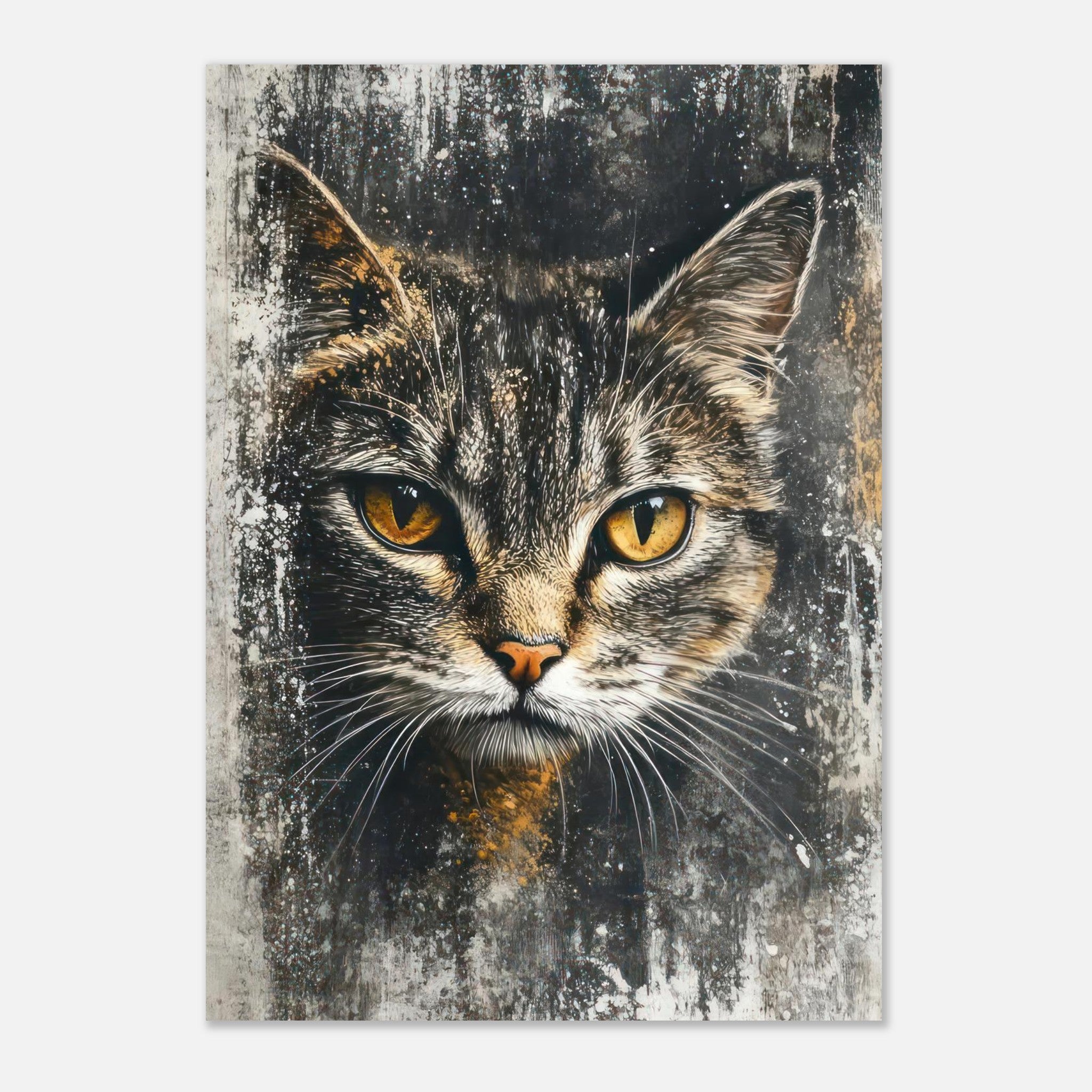 Cat Painting Artwork Poster featuring a realistic feline portrait with golden eyes and an artistic textured background.