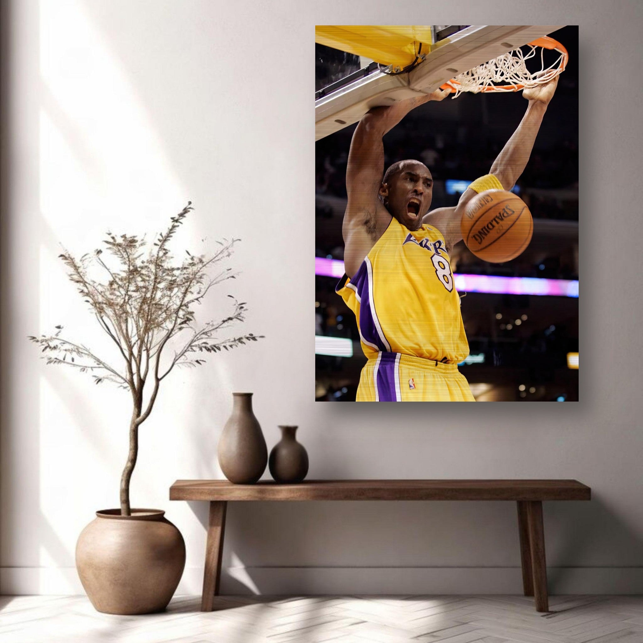 Kobe Bryant soaring for a slam dunk in Lakers jersey, captured on brushed metal print.