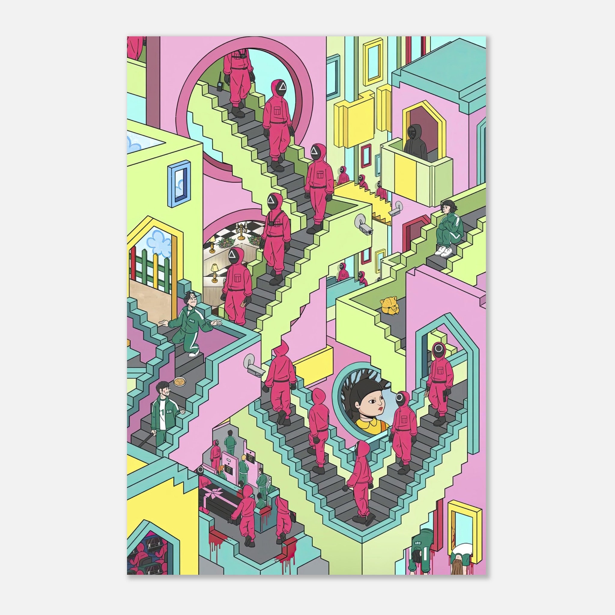 Vibrant metal print of Squid Game stairs, featuring colorful characters and intricate staircase design.